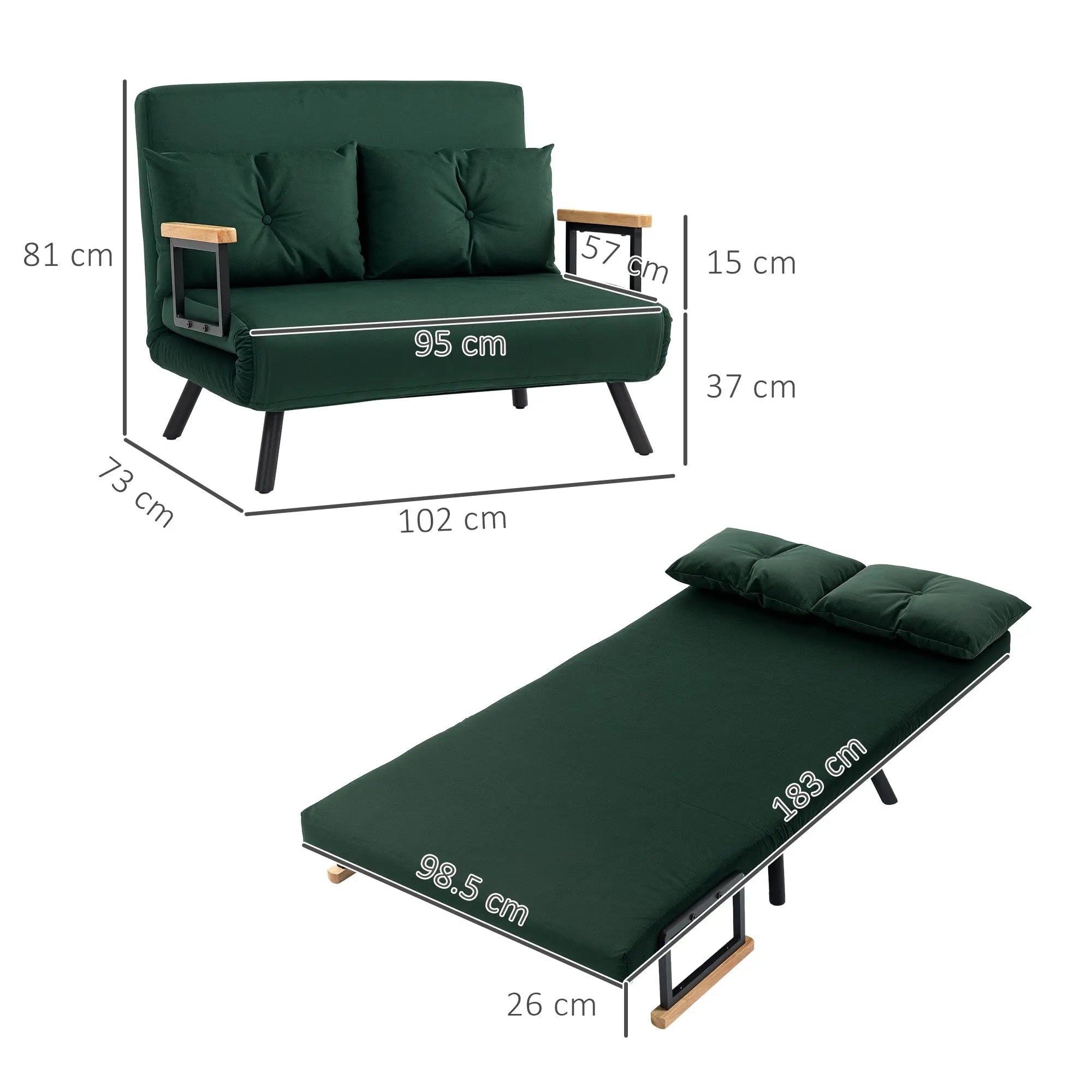 HOMCOM 4-in-1 Velvet-Feel Double Sofa Bed, with Pillows - Green 