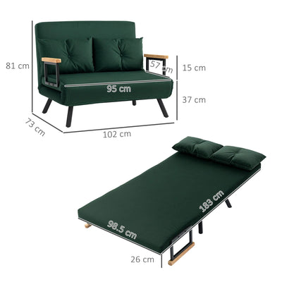 HOMCOM 4-in-1 Velvet-Feel Double Sofa Bed, with Pillows - Green 