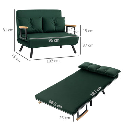 HOMCOM 4-in-1 Velvet-Feel Double Sofa Bed, with Pillows - Green 