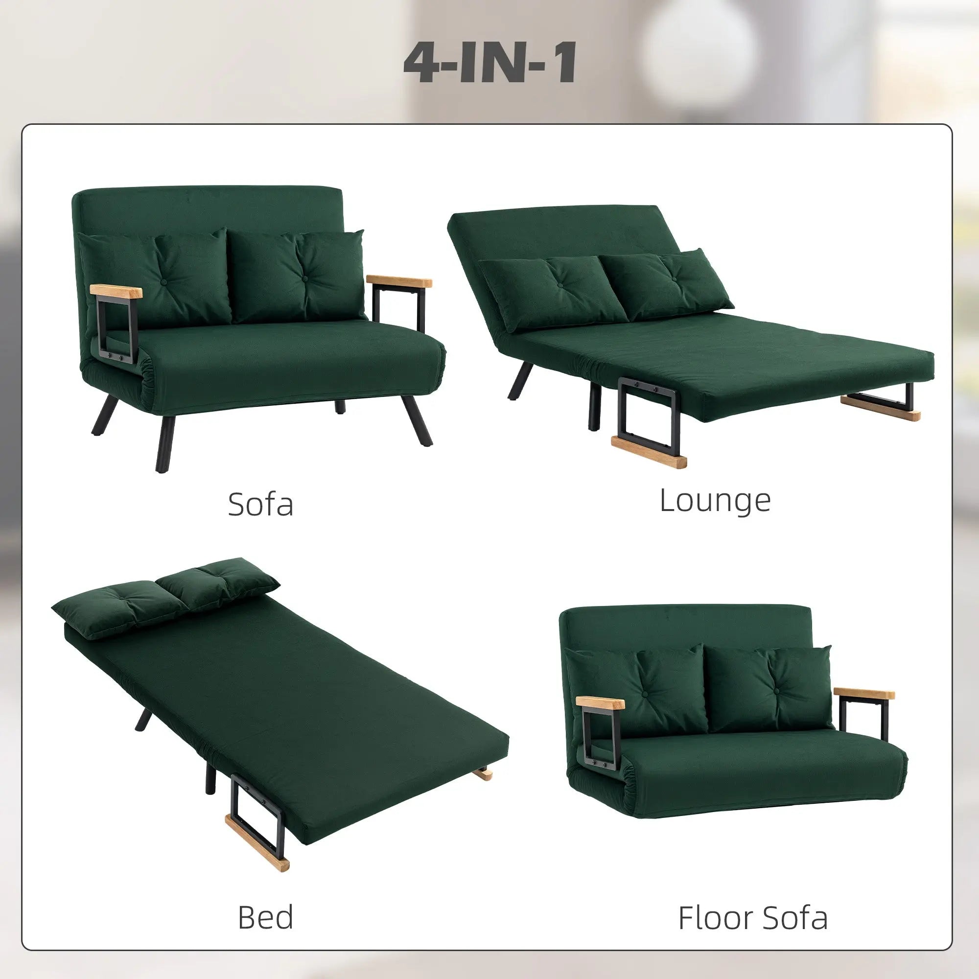 HOMCOM 4-in-1 Velvet-Feel Double Sofa Bed, with Pillows - Green 