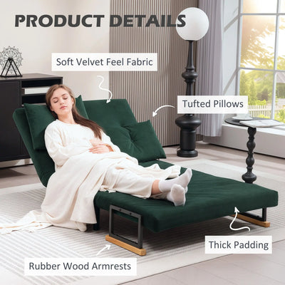 HOMCOM 4-in-1 Velvet-Feel Double Sofa Bed, with Pillows - Green 
