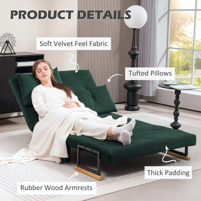 HOMCOM 4-in-1 Velvet-Feel Double Sofa Bed, with Pillows - Green 