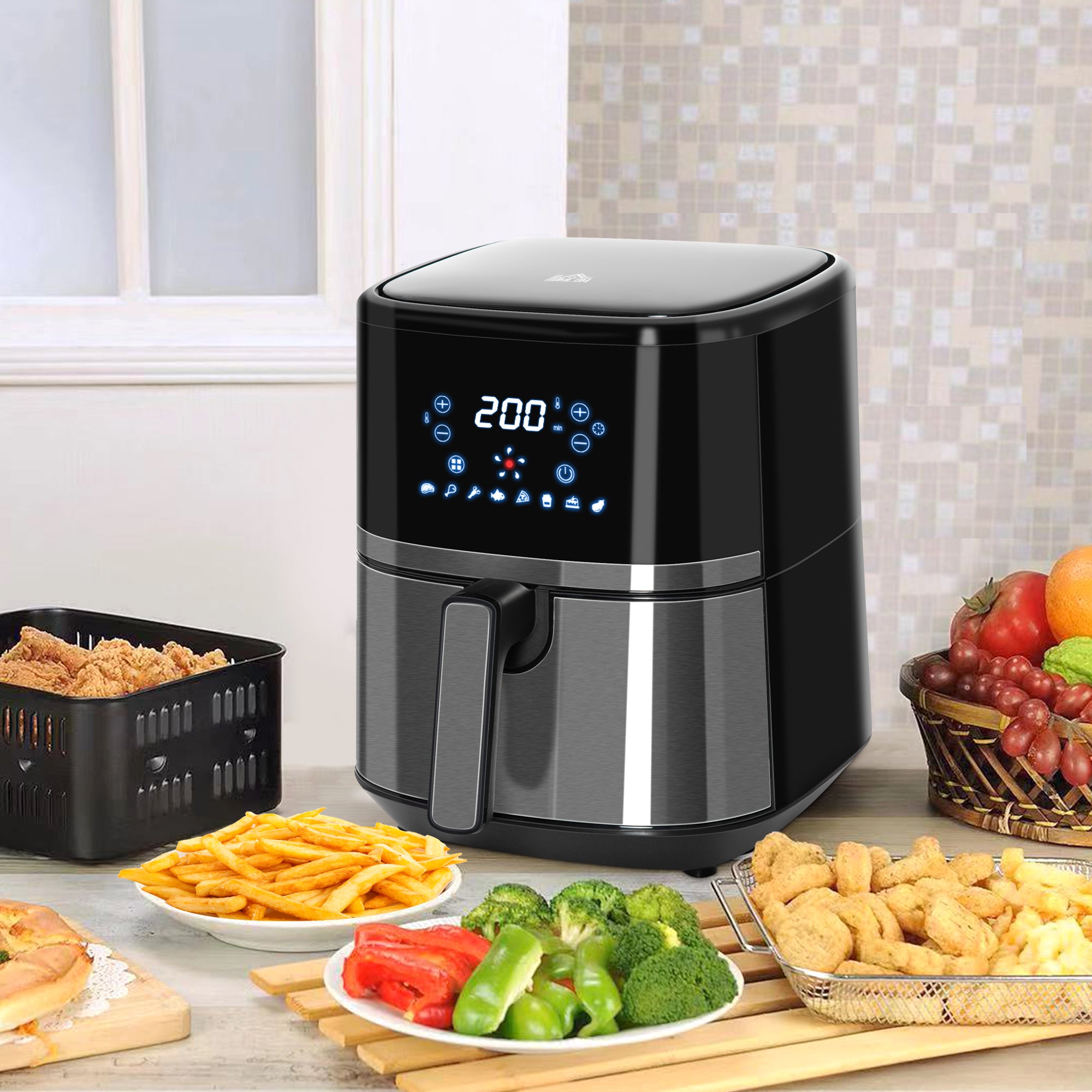HOMCOM 4.5L Air Fryer, 8-in-1 Digital Air Fryer Oven with Rapid Air Circulation, Temp Control & Timer, Non-stick Basket, Oil-Free Cook, 1500W, Black 