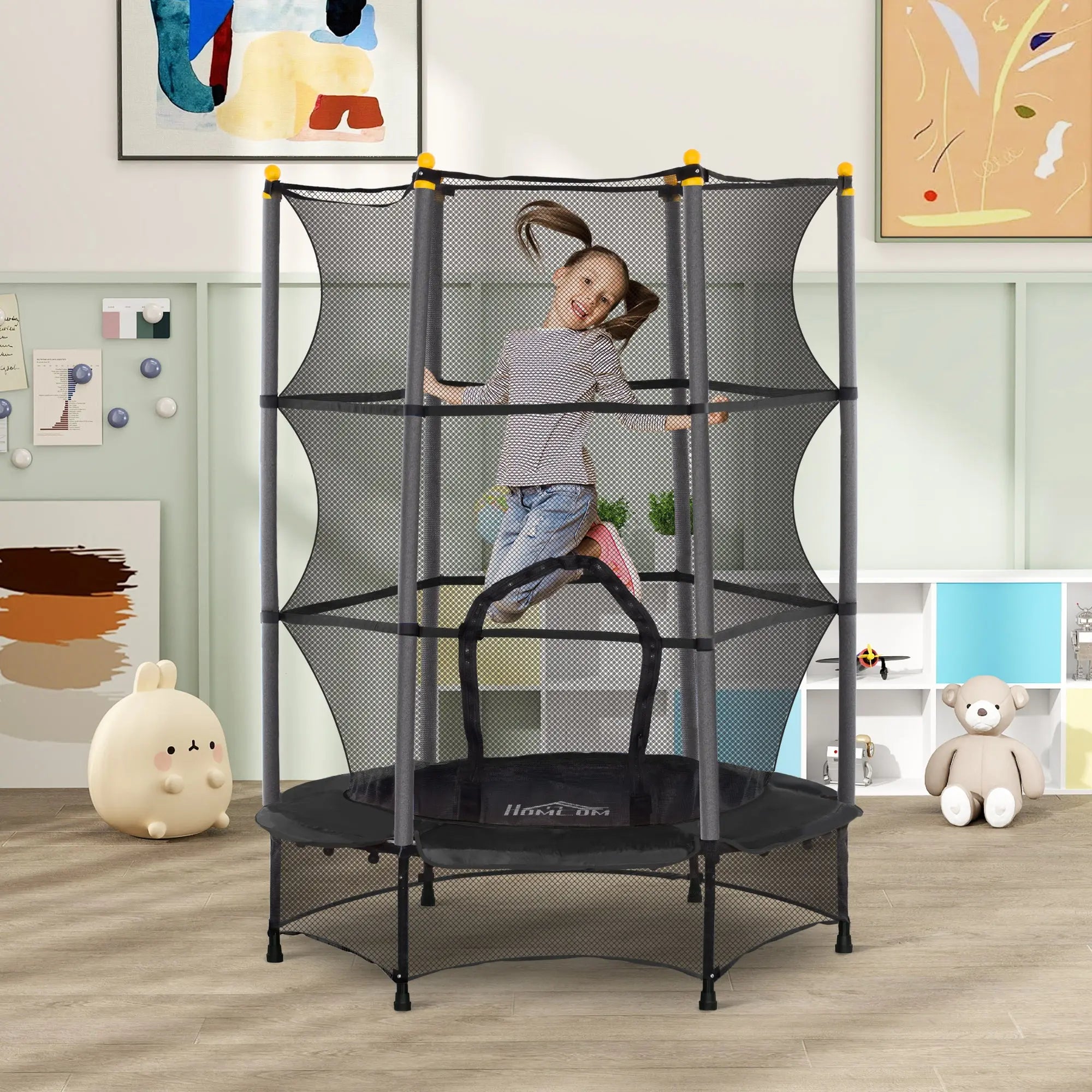 HOMCOM 4.6FT/55" Kids Trampoline with Safety Enclosure, Outdoor Indoor Use, for Ages 3-10 Years, Black 