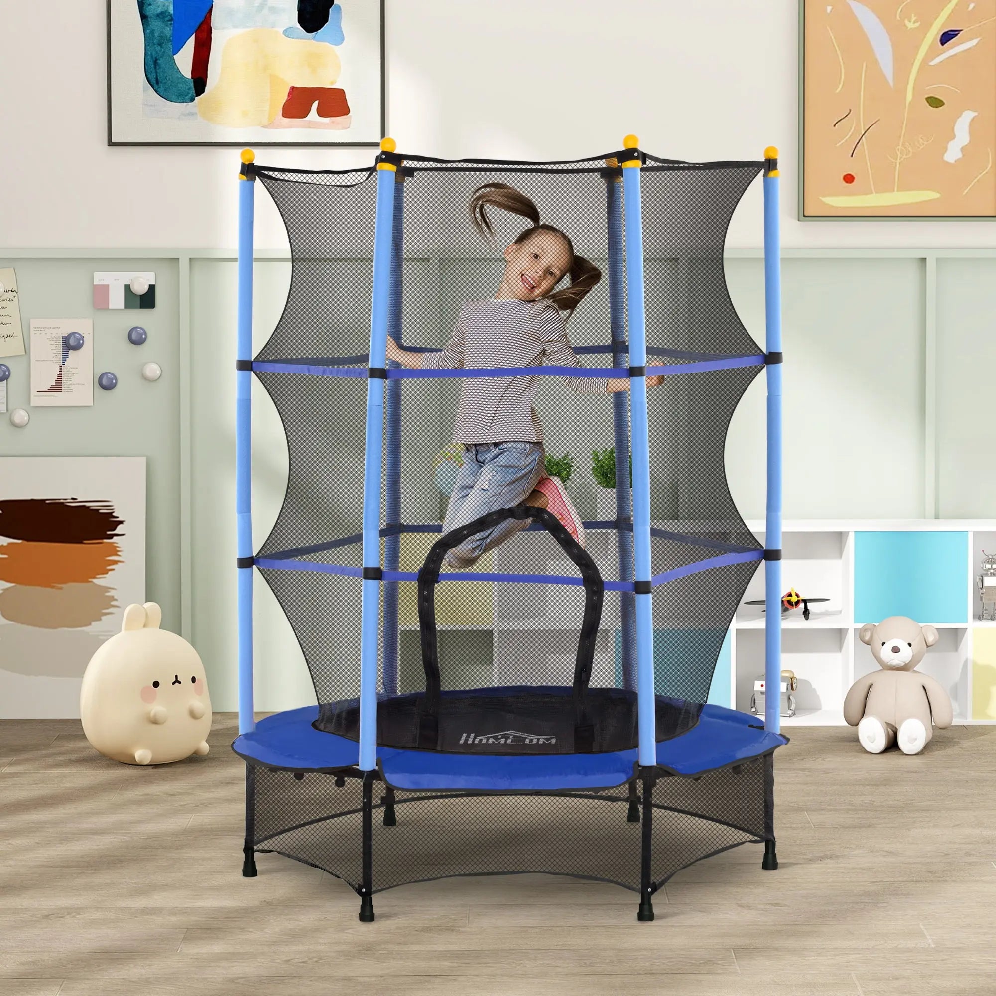 HOMCOM 4.6FT/55" Kids Trampoline with Safety Enclosure, Outdoor Indoor Use, for Ages 3-10 Years, Blue 