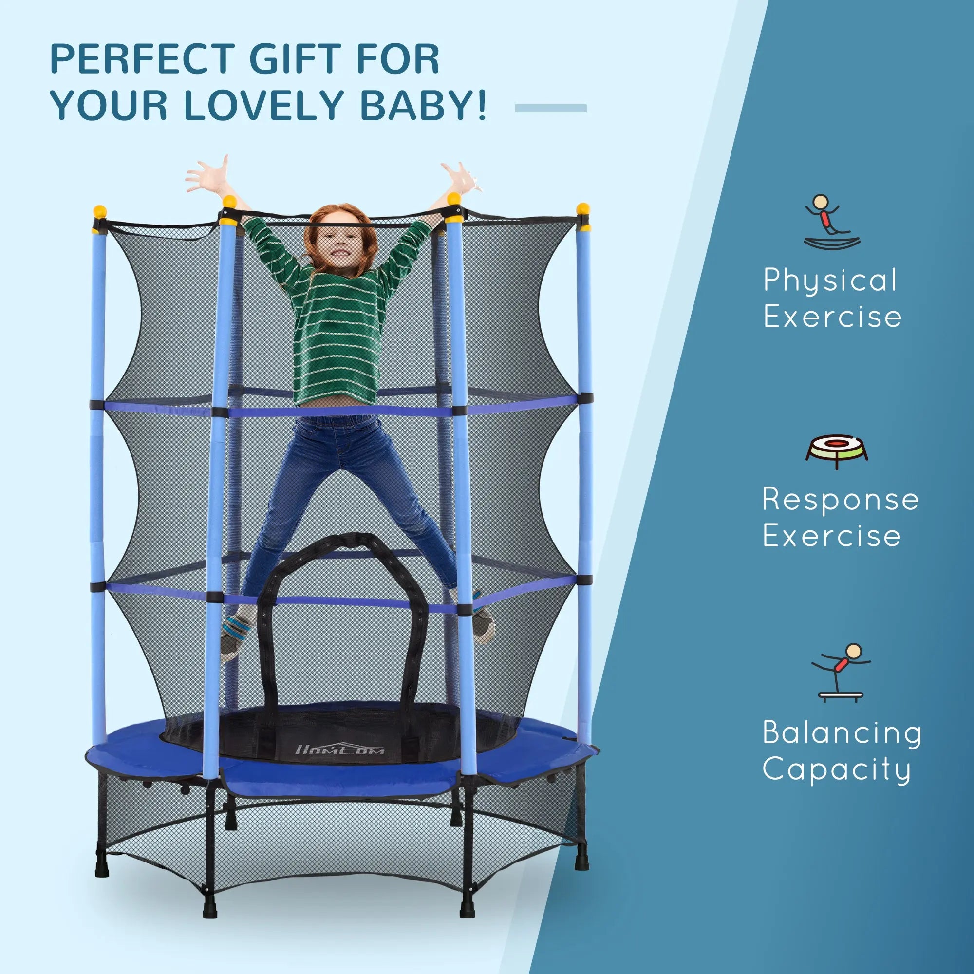 HOMCOM 4.6FT/55" Kids Trampoline with Safety Enclosure, Outdoor Indoor Use, for Ages 3-10 Years, Blue 