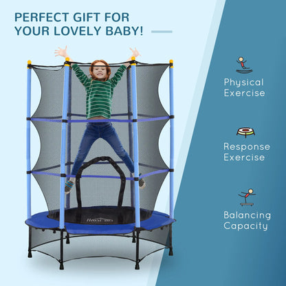 HOMCOM 4.6FT/55" Kids Trampoline with Safety Enclosure, Outdoor Indoor Use, for Ages 3-10 Years, Blue 