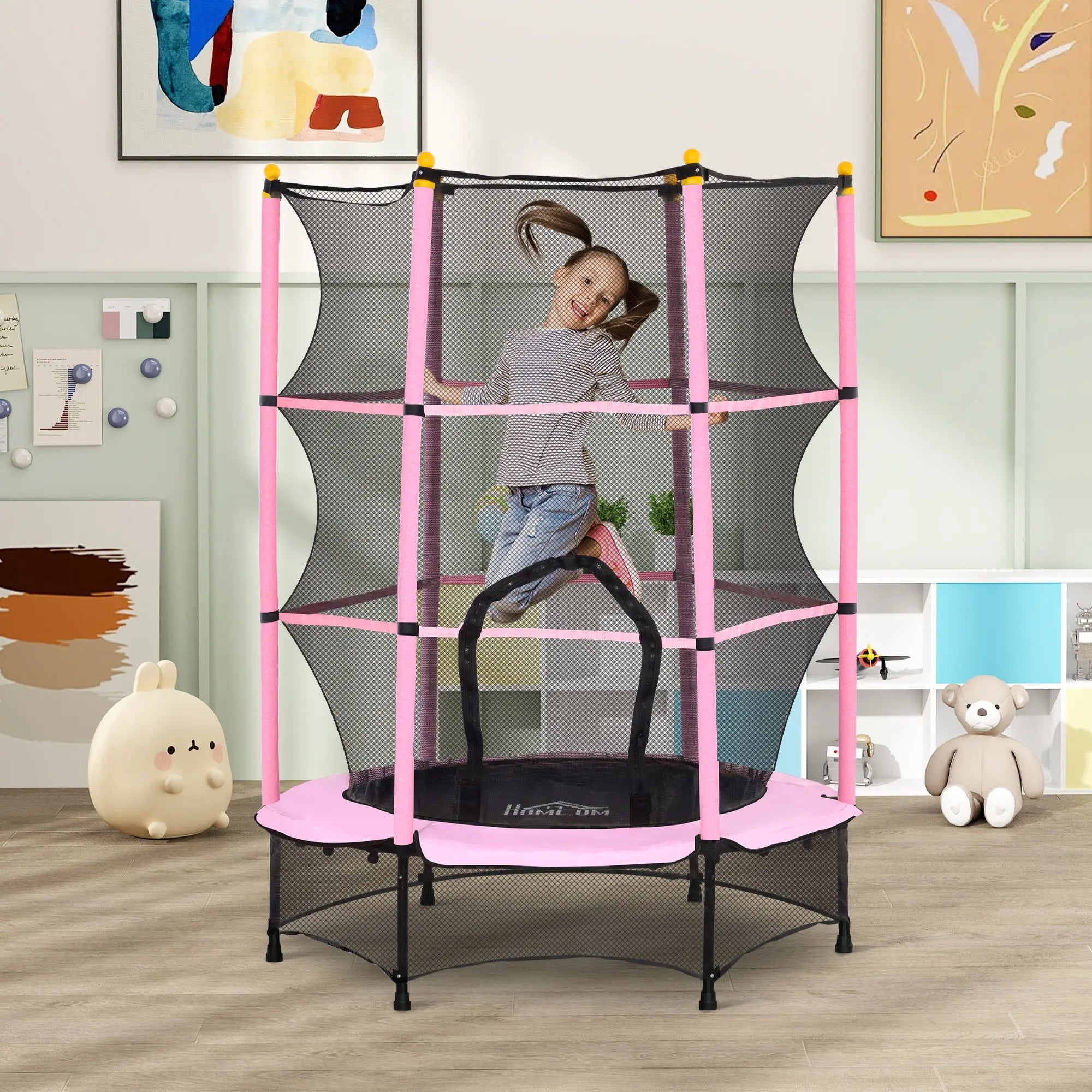 HOMCOM 4.6FT/55" Kids Trampoline with Safety Enclosure, Outdoor Indoor Use, for Ages 3-10 Years, Pink 