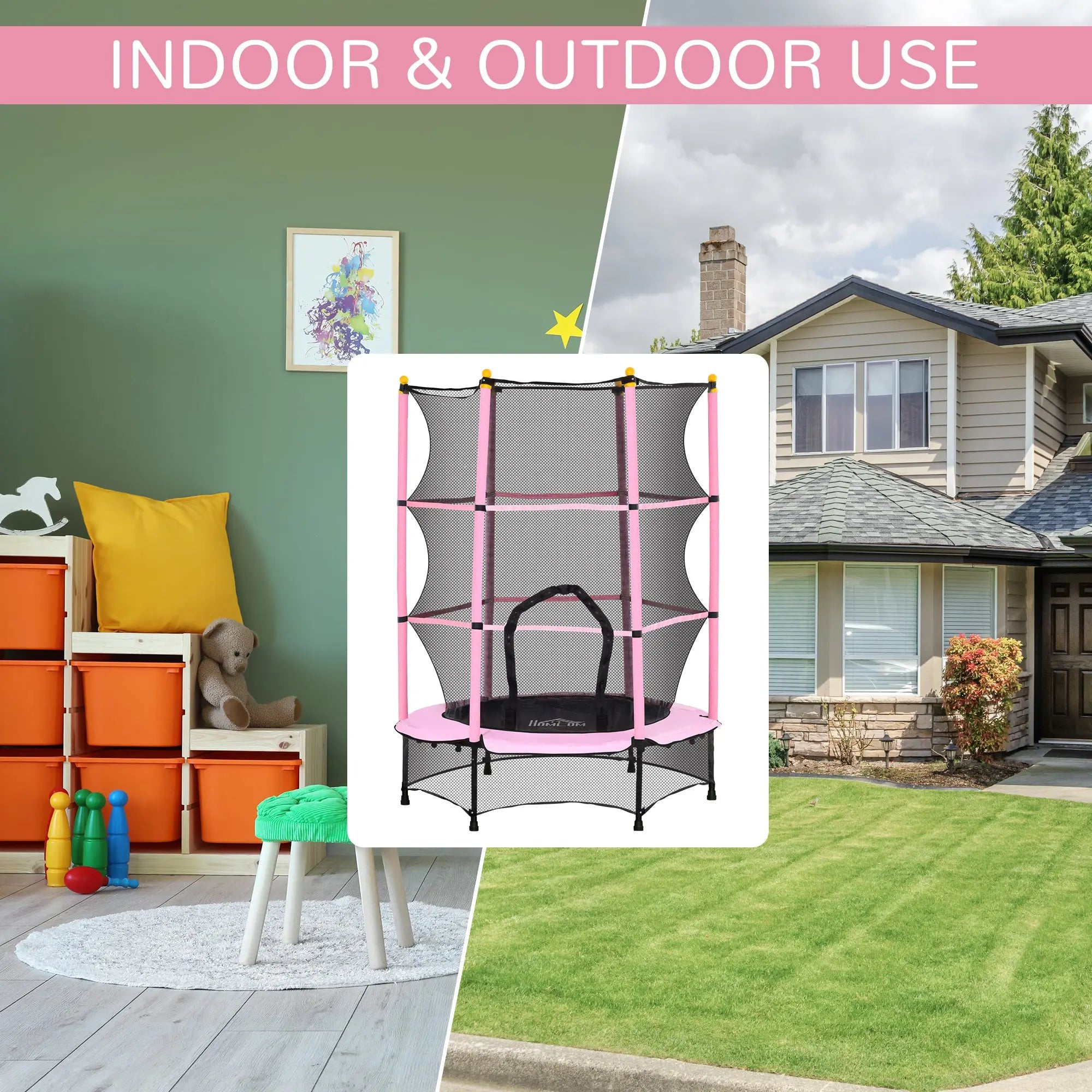 HOMCOM 4.6FT/55" Kids Trampoline with Safety Enclosure, Outdoor Indoor Use, for Ages 3-10 Years, Pink 