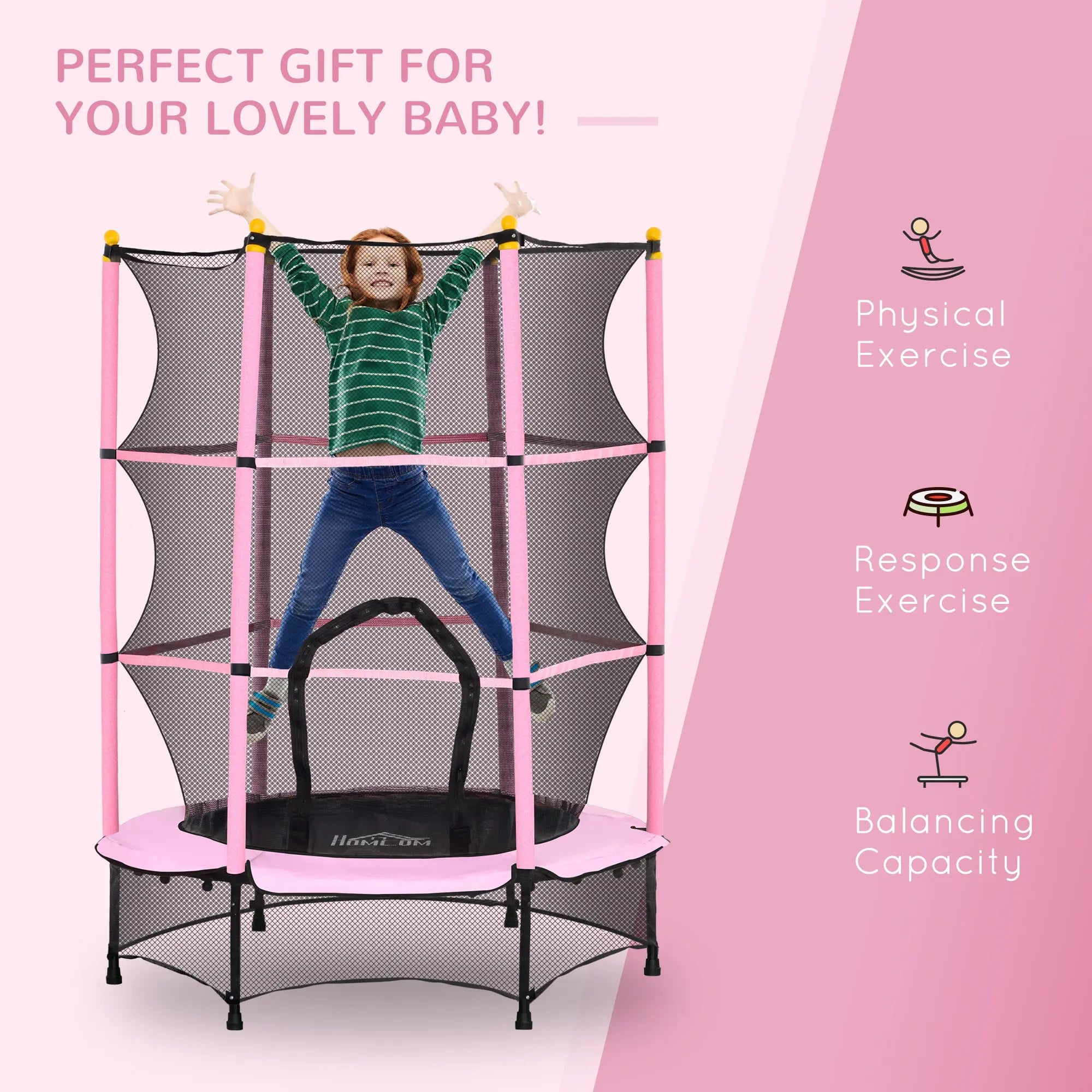 HOMCOM 4.6FT/55" Kids Trampoline with Safety Enclosure, Outdoor Indoor Use, for Ages 3-10 Years, Pink 
