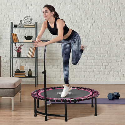 HOMCOM 45" Foldable Mini Trampoline Silent Rebounder Indoor Outdoor Jumper with Adjustable Handle - Pink 