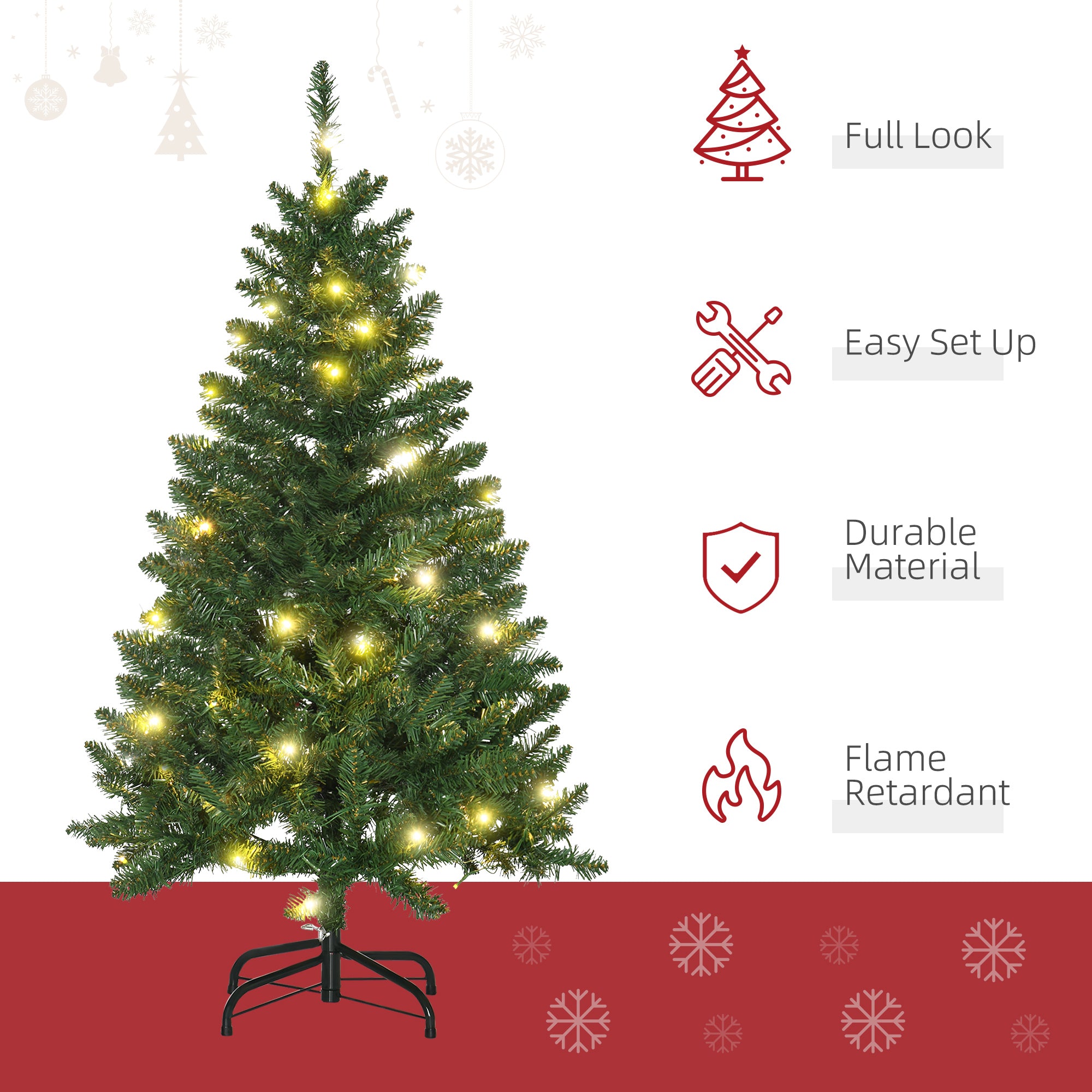 HOMCOM 4FT Christmas Tree Warm White LED Light Holiday Home Decoration, Green 