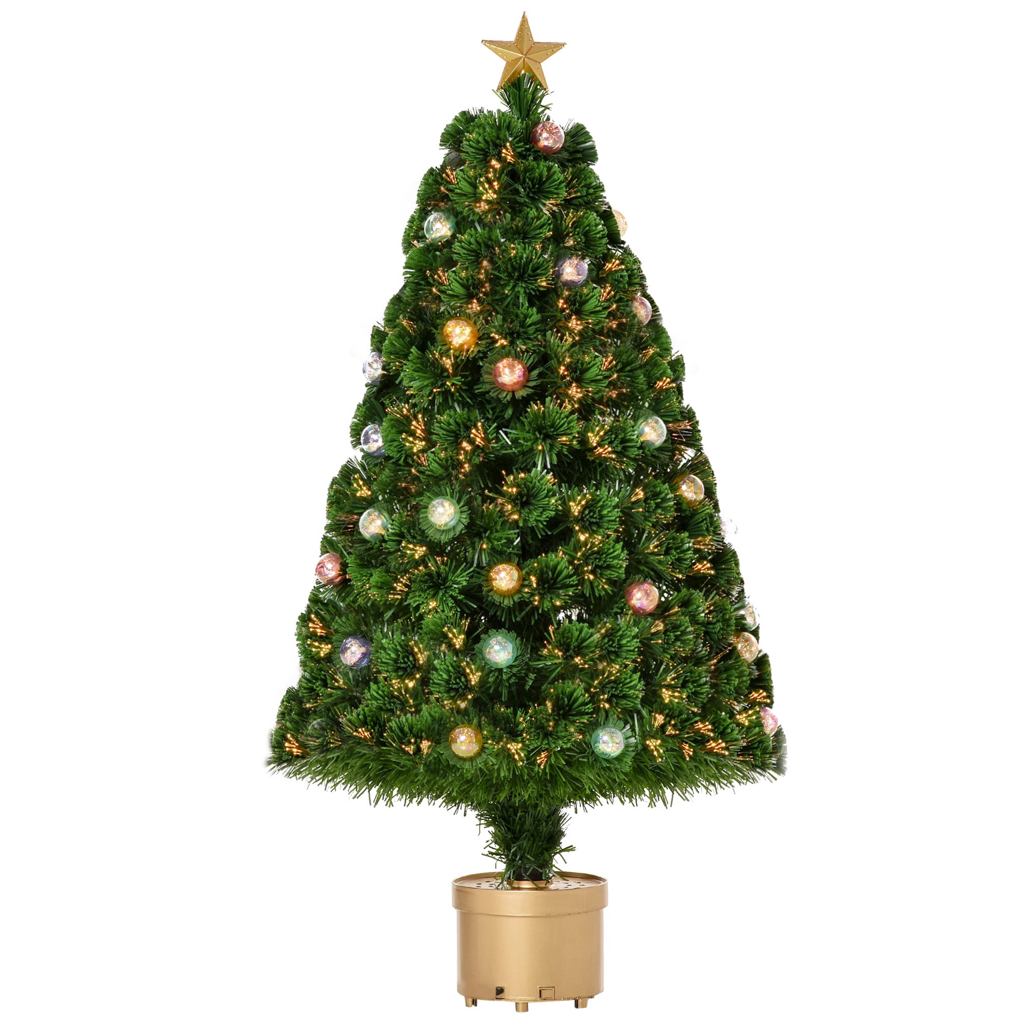 HOMCOM 4FT Prelit Artificial Christmas Tree with Fibre Optics, Baubles Decoration, Golden Pot for Holiday, Home - Green 