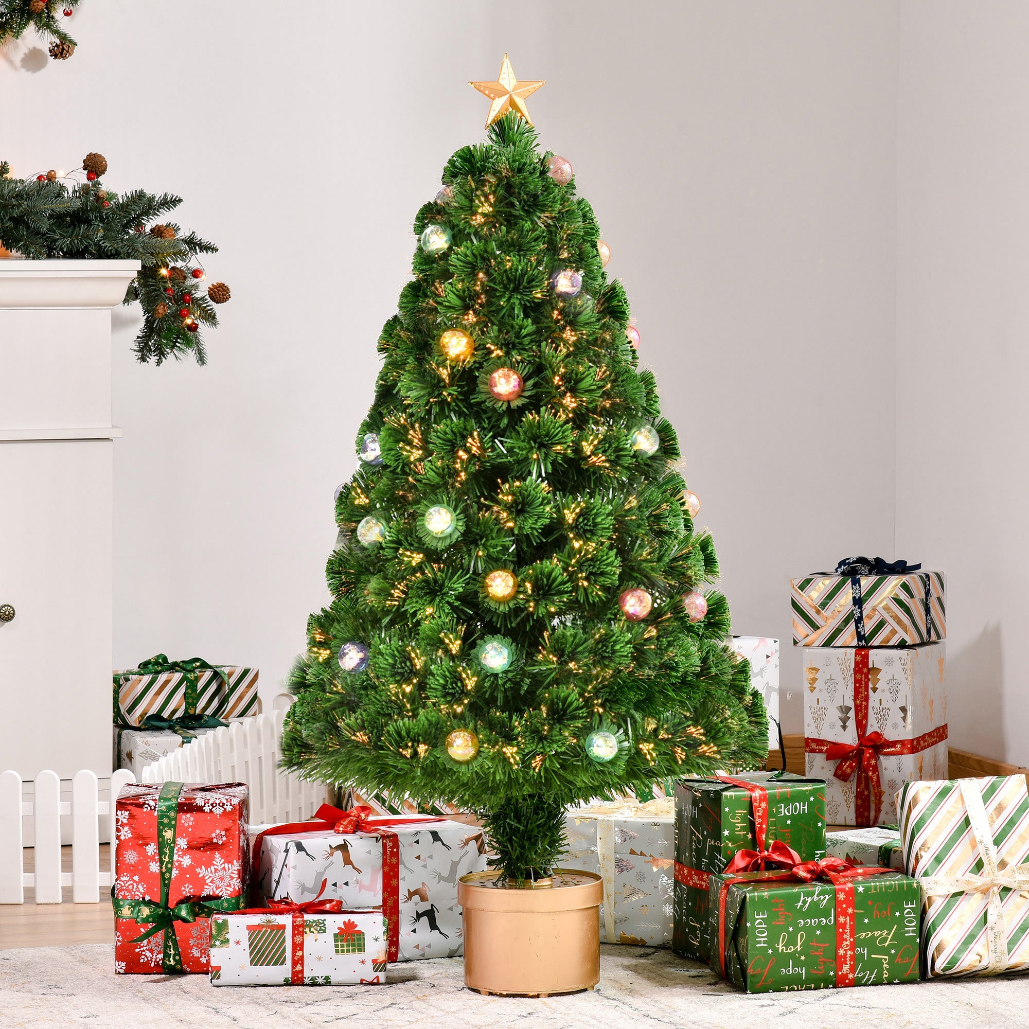 HOMCOM 4FT Prelit Artificial Christmas Tree with Fibre Optics, Baubles Decoration, Golden Pot for Holiday, Home - Green 