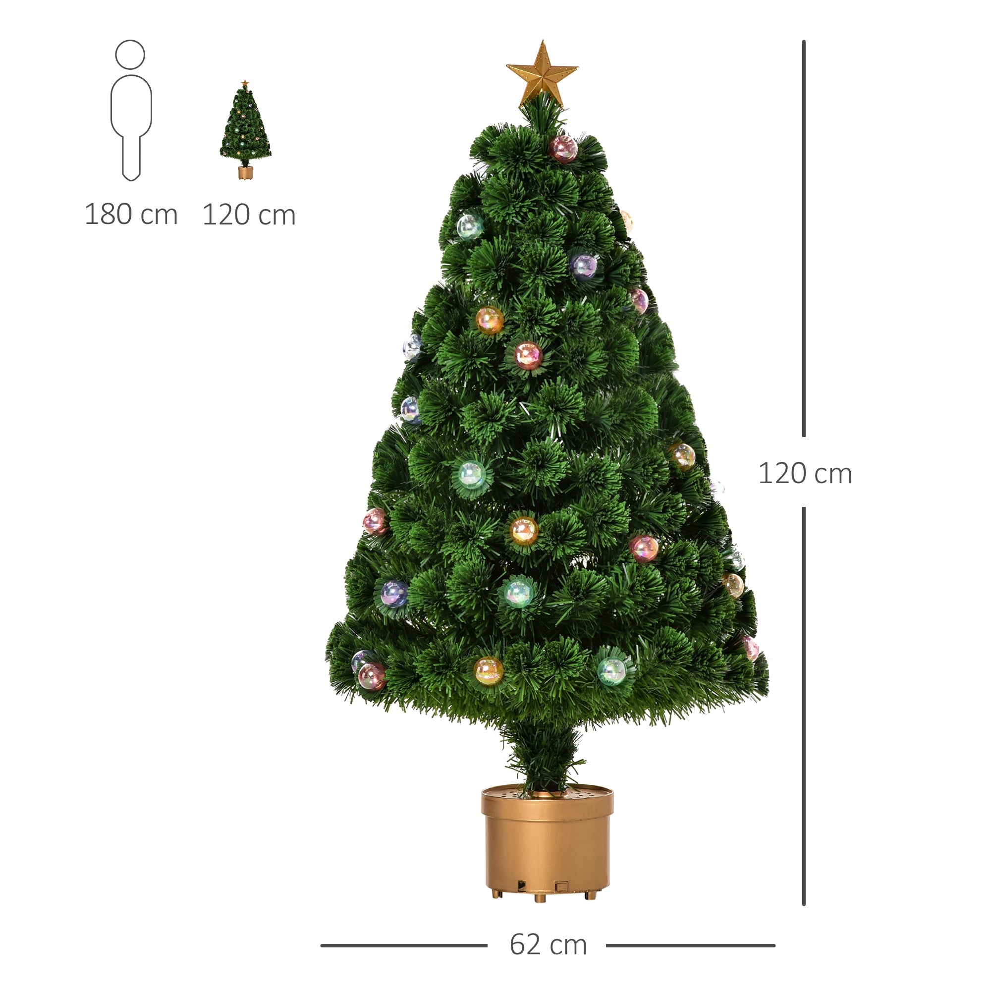 HOMCOM 4FT Prelit Artificial Christmas Tree with Fibre Optics, Baubles Decoration, Golden Pot for Holiday, Home - Green 
