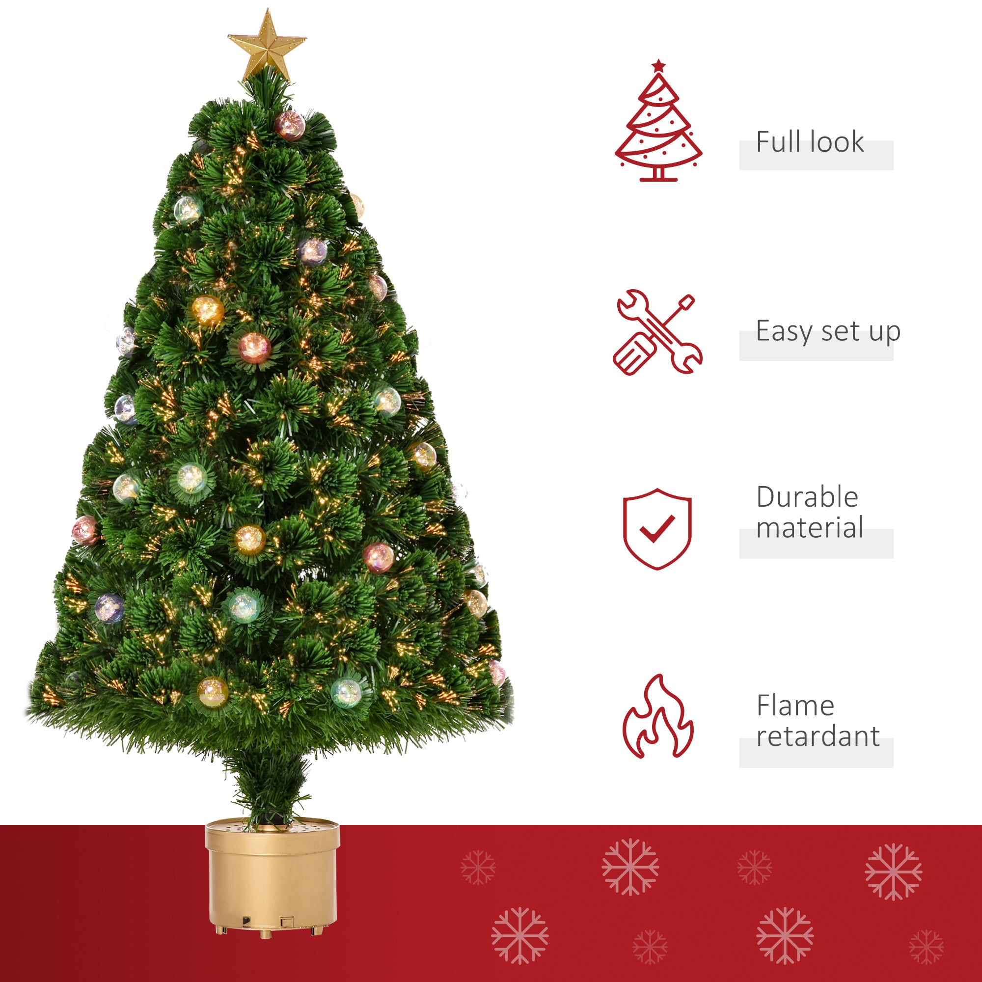 HOMCOM 4FT Prelit Artificial Christmas Tree with Fibre Optics, Baubles Decoration, Golden Pot for Holiday, Home - Green 