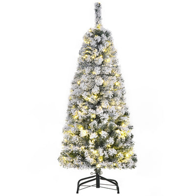HOMCOM 4FT Prelit Artificial Snow Flocked Christmas Tree with Warm White LED Light, Holiday Home Xmas Decoration, Green White 