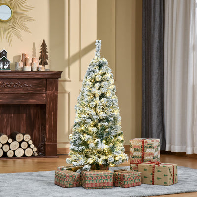 HOMCOM 4FT Prelit Artificial Snow Flocked Christmas Tree with Warm White LED Light, Holiday Home Xmas Decoration, Green White 