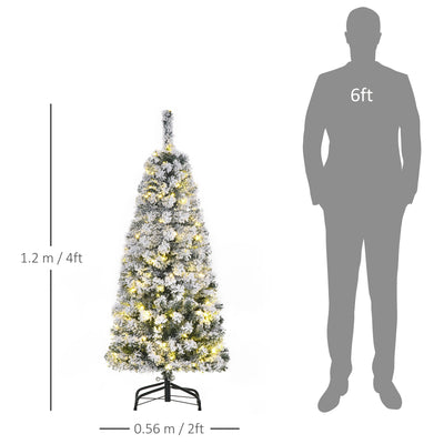 HOMCOM 4FT Prelit Artificial Snow Flocked Christmas Tree with Warm White LED Light, Holiday Home Xmas Decoration, Green White 