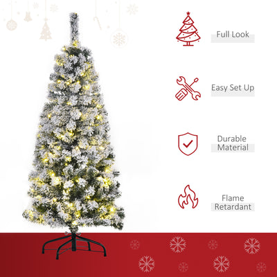 HOMCOM 4FT Prelit Artificial Snow Flocked Christmas Tree with Warm White LED Light, Holiday Home Xmas Decoration, Green White 