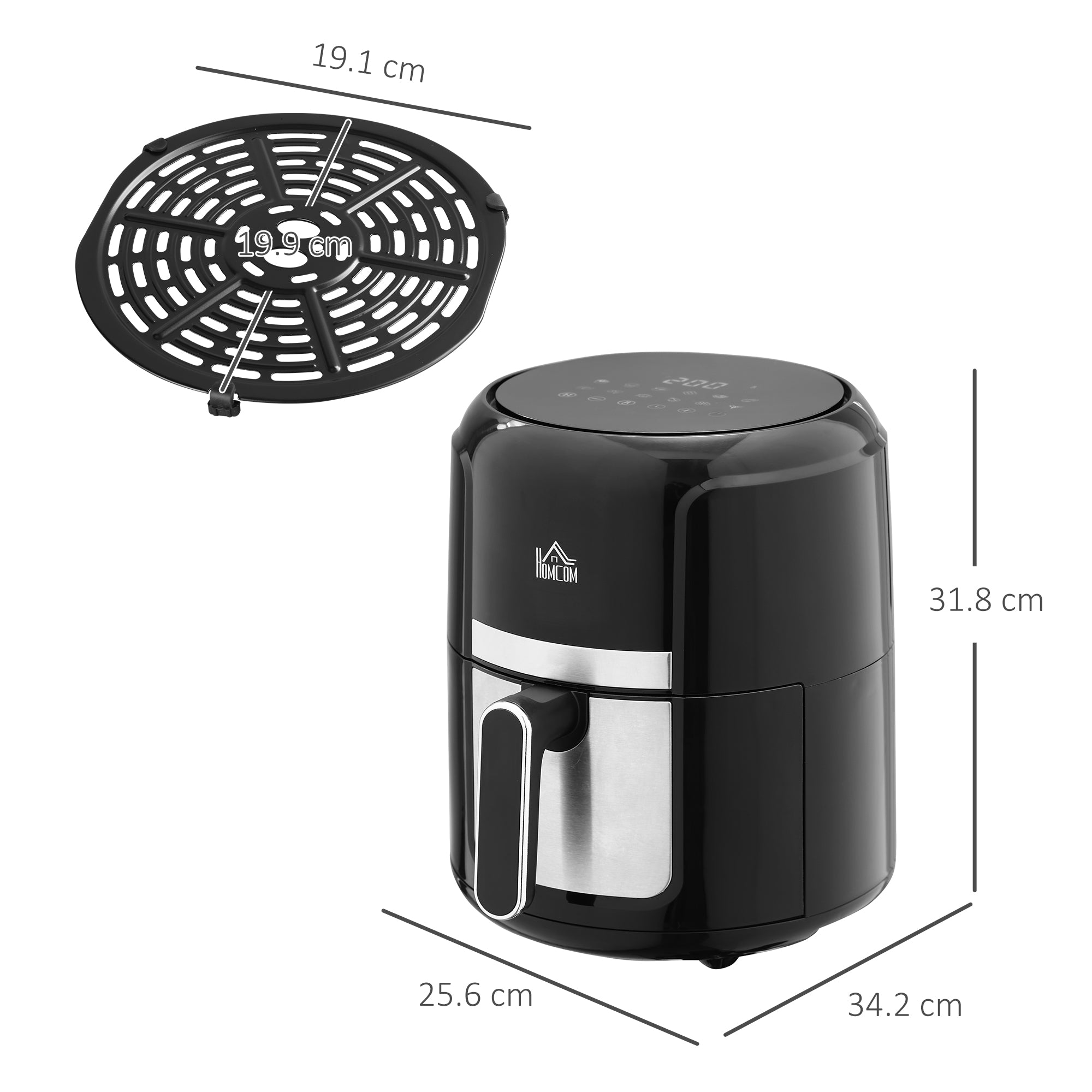 HOMCOM 4L Air Fryer, 1300W Air Fryer Oven with Digital Touch Display, Rapid Air Circulation, 12 Cooking Programs, Adjustable Temperature, Timer, Nonstick Basket for Oil Less or Low Fat Cooking, Black 