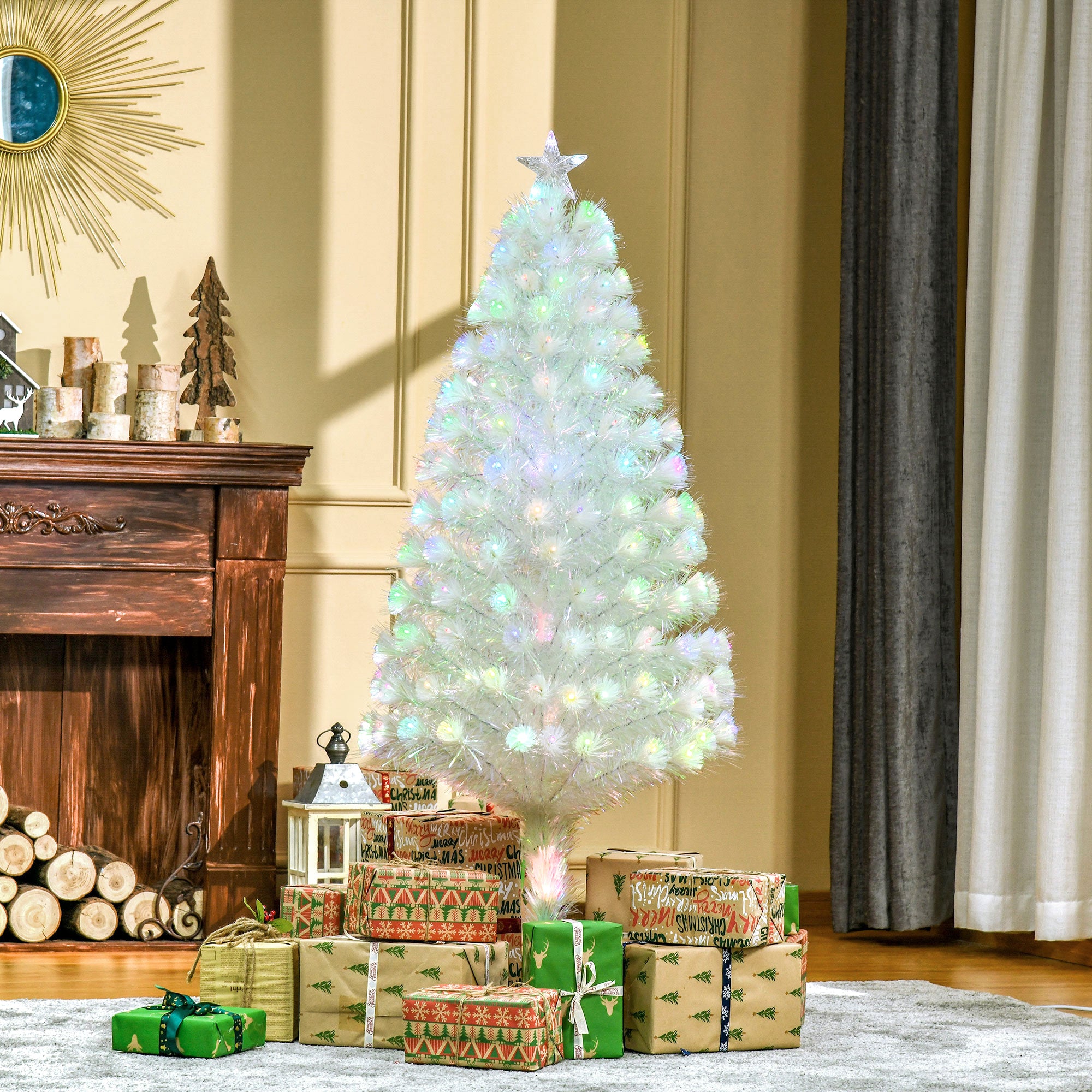 HOMCOM 5 Feet Prelit Artificial Christmas Tree with Fiber Optic LED Light, Holiday Home Xmas Decoration, White 