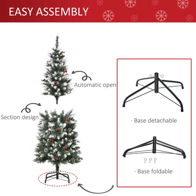 HOMCOM 5FT Artificial Christmas Tree Xmas Pencil Tree with Red Berries and Pinecones Holiday Home Indoor Decoration with Foldable Feet, Green 