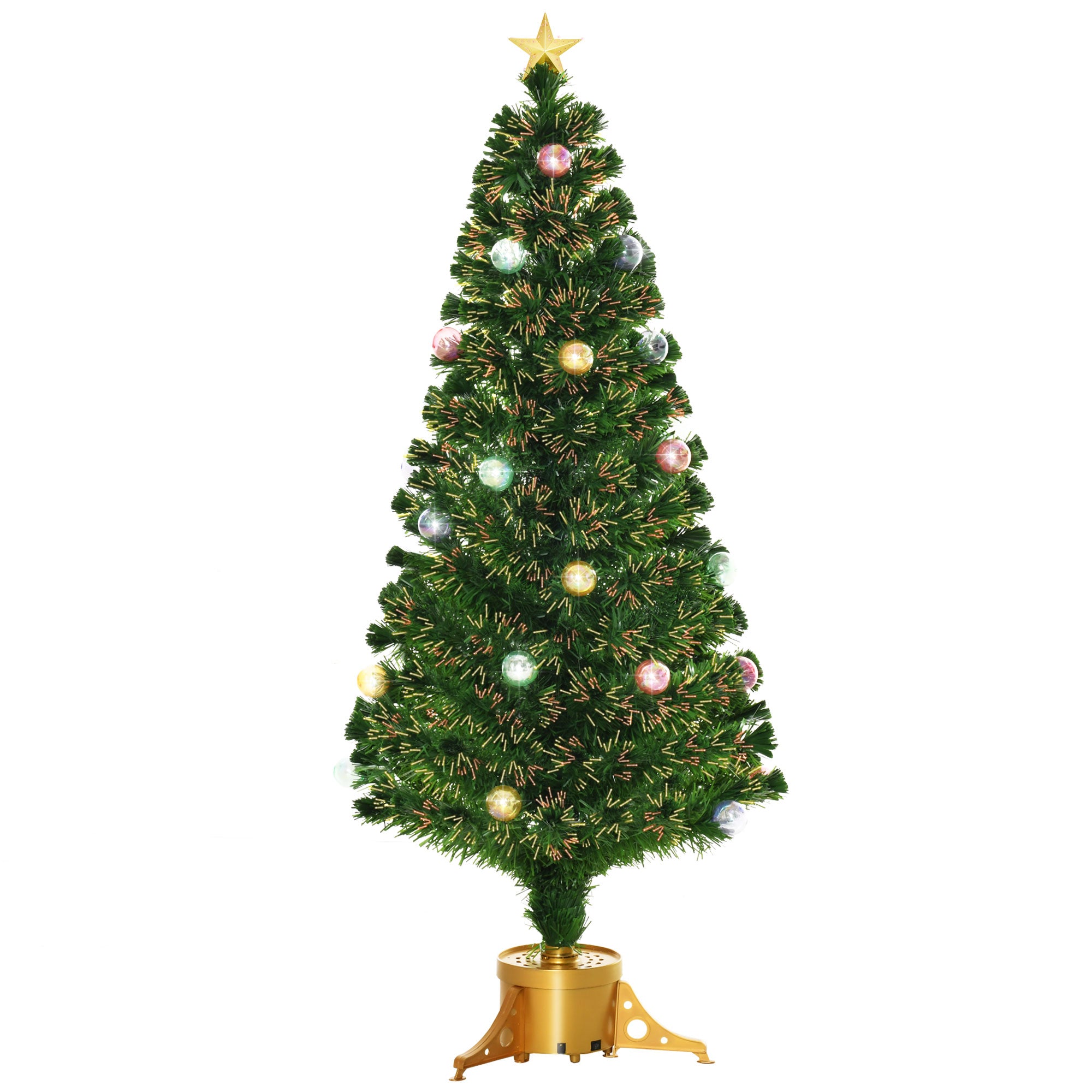 HOMCOM 5FT Prelit Artificial Christmas Tree with Fibre Optics, Baubles Decoration, Golden Pot for Holiday, Home - Green 
