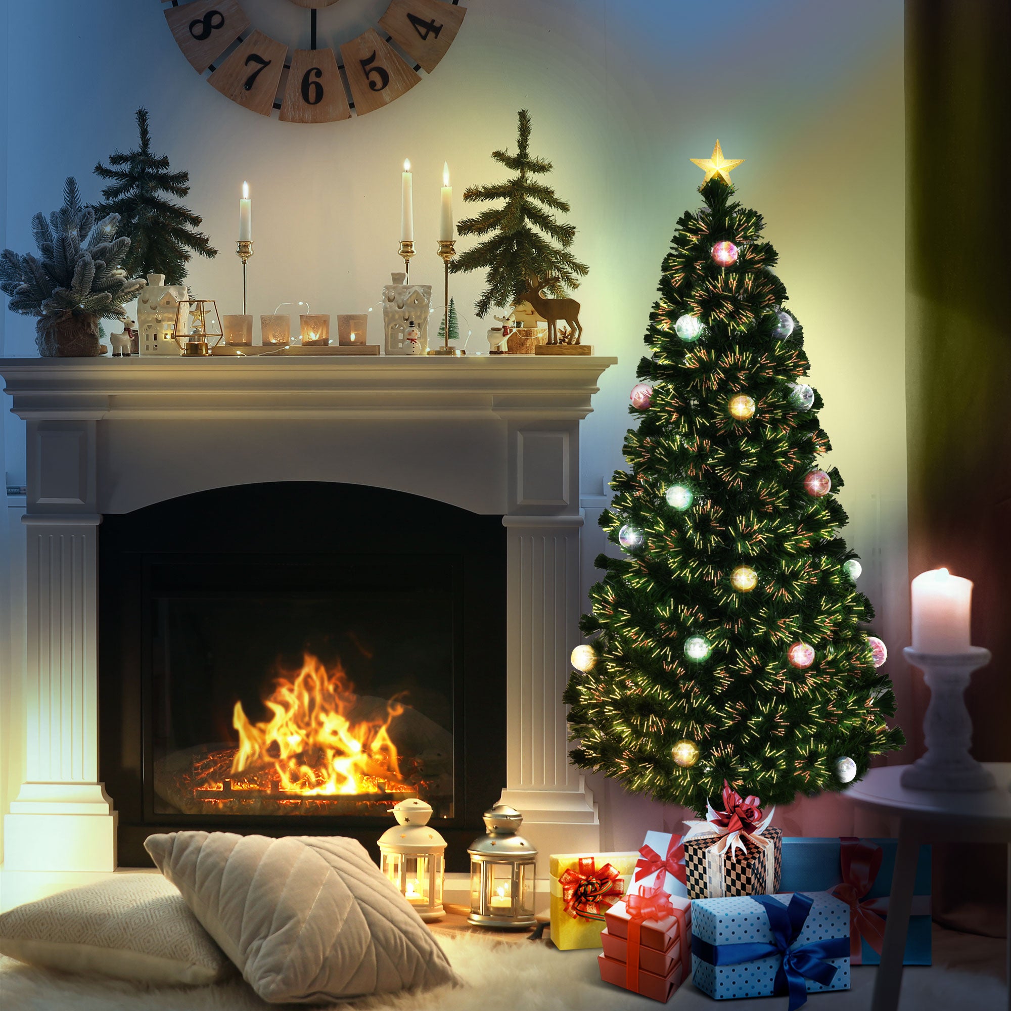 HOMCOM 5FT Prelit Artificial Christmas Tree with Fibre Optics, Baubles Decoration, Golden Pot for Holiday, Home - Green 