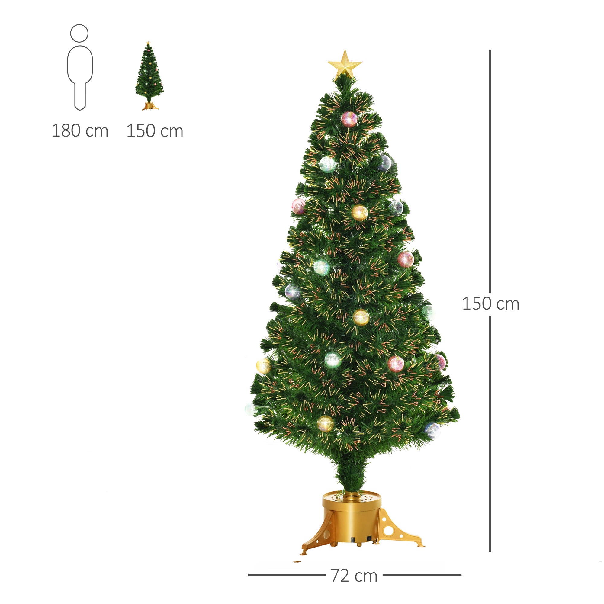 HOMCOM 5FT Prelit Artificial Christmas Tree with Fibre Optics, Baubles Decoration, Golden Pot for Holiday, Home - Green 