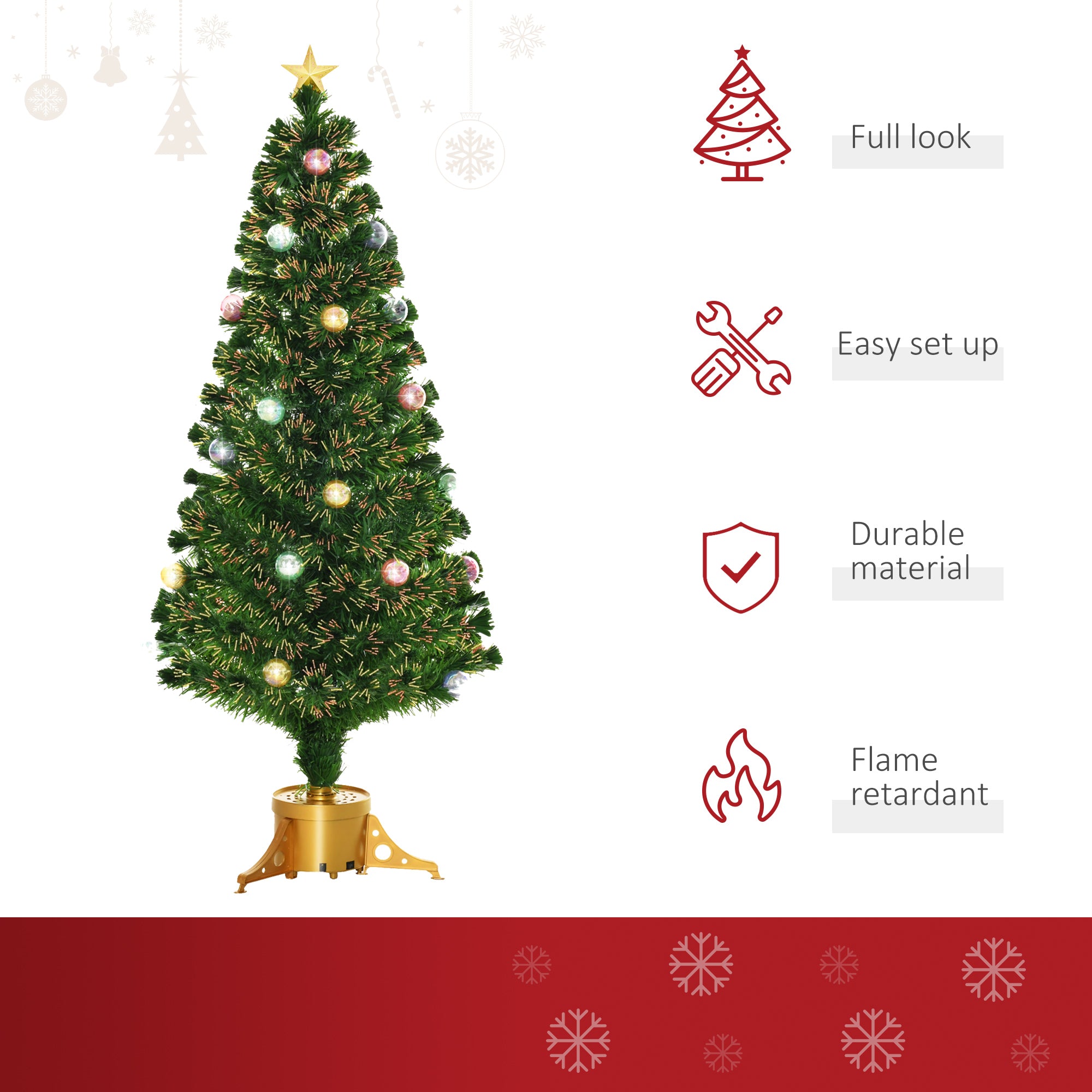 HOMCOM 5FT Prelit Artificial Christmas Tree with Fibre Optics, Baubles Decoration, Golden Pot for Holiday, Home - Green 