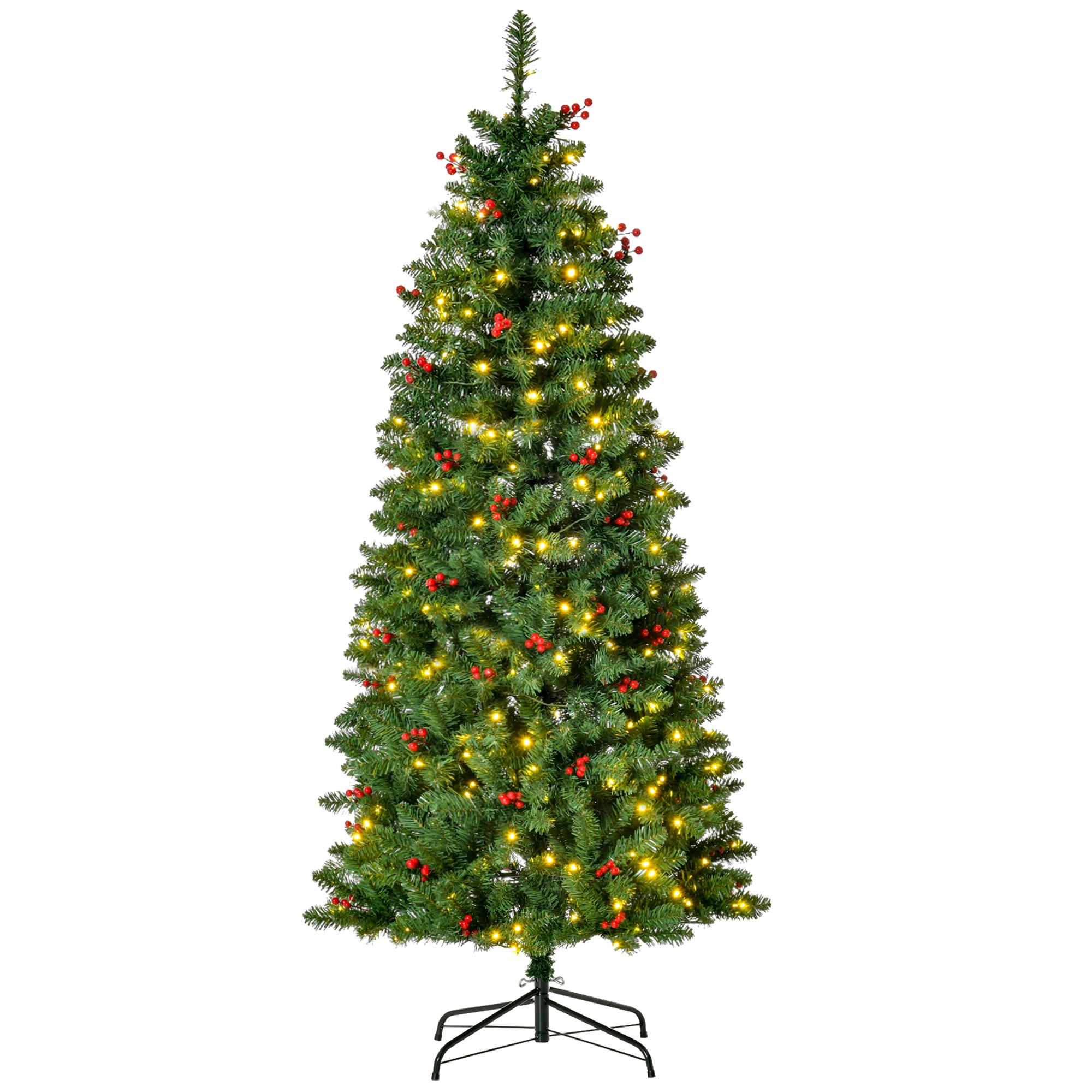 HOMCOM 5FT Prelit Artificial Pencil Christmas Tree with Warm White LED Light, Red Berry, Holiday Home Xmas Decoration, Green 