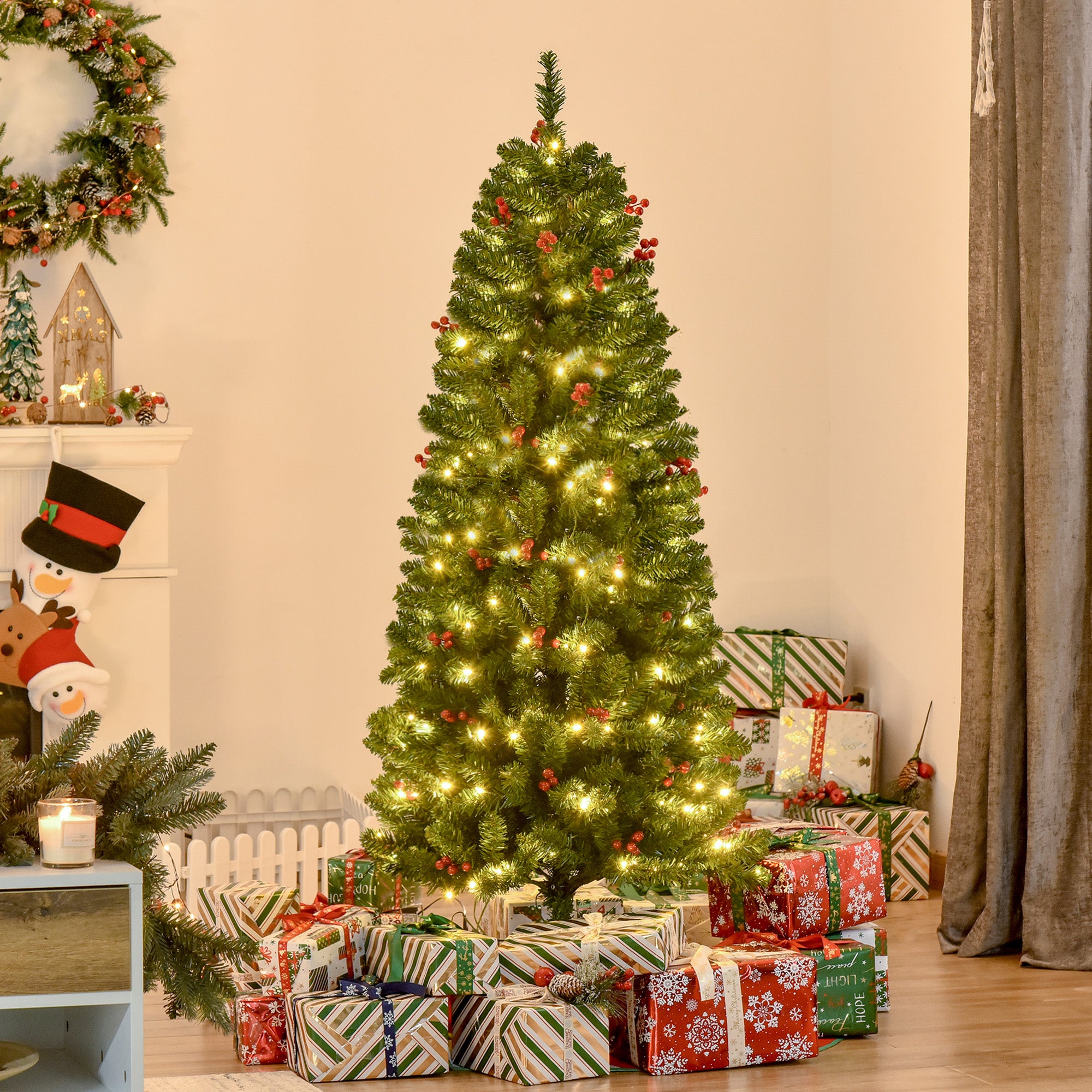 HOMCOM 5FT Prelit Artificial Pencil Christmas Tree with Warm White LED Light, Red Berry, Holiday Home Xmas Decoration, Green 