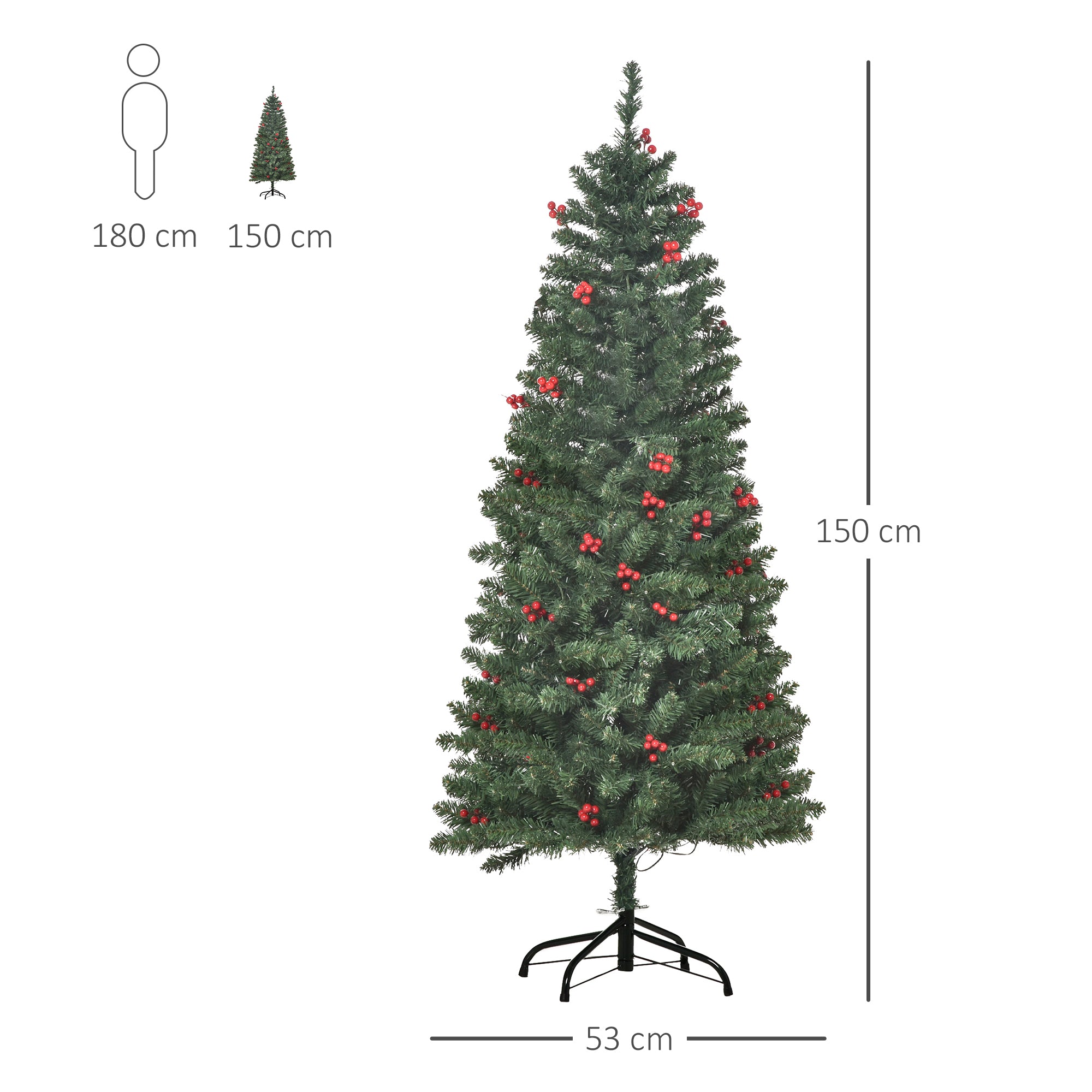 HOMCOM 5FT Prelit Artificial Pencil Christmas Tree with Warm White LED Light, Red Berry, Holiday Home Xmas Decoration, Green 
