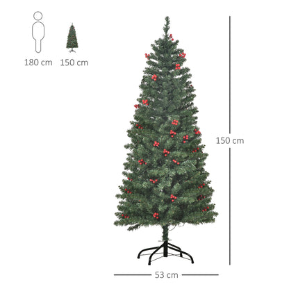 HOMCOM 5FT Prelit Artificial Pencil Christmas Tree with Warm White LED Light, Red Berry, Holiday Home Xmas Decoration, Green 