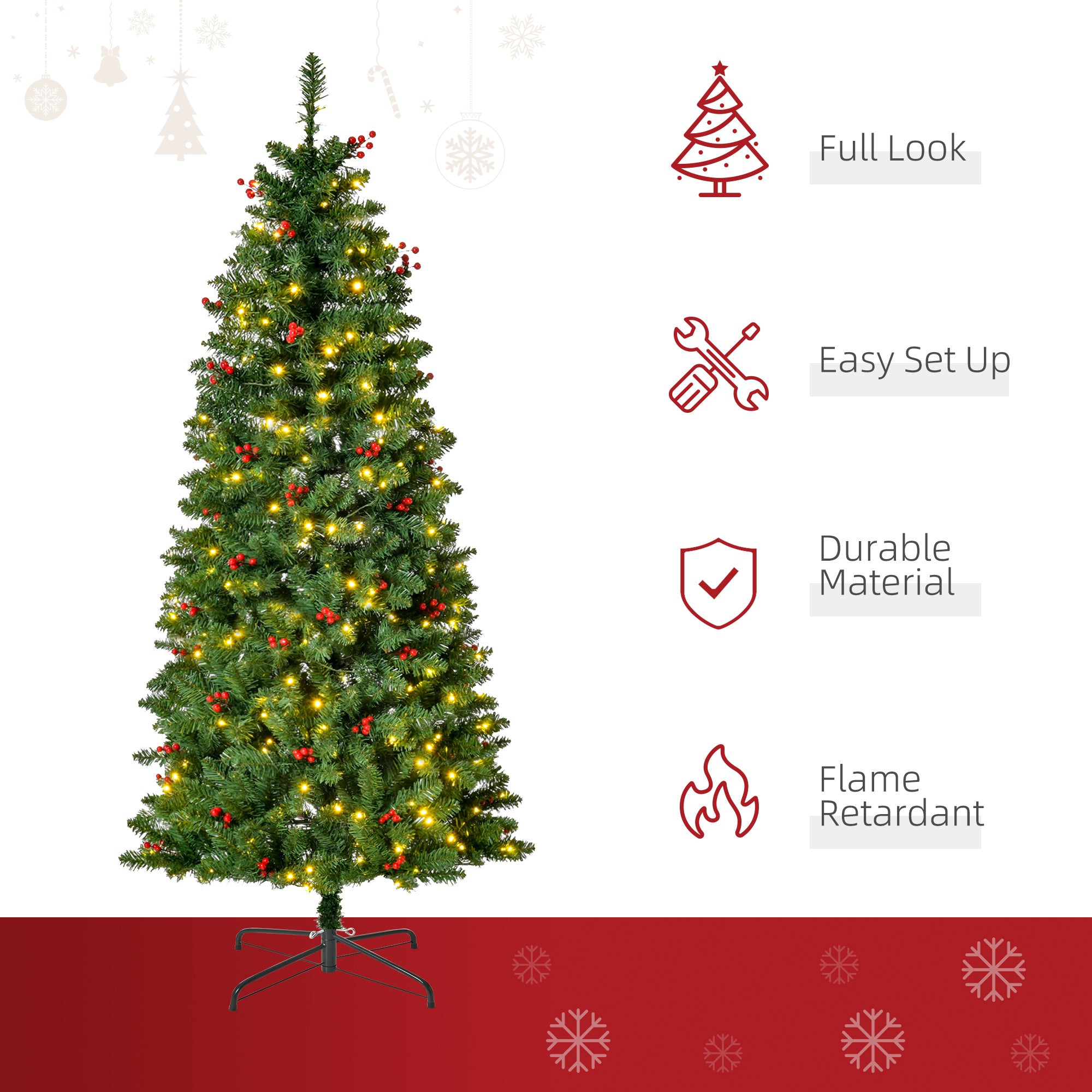 HOMCOM 5FT Prelit Artificial Pencil Christmas Tree with Warm White LED Light, Red Berry, Holiday Home Xmas Decoration, Green 