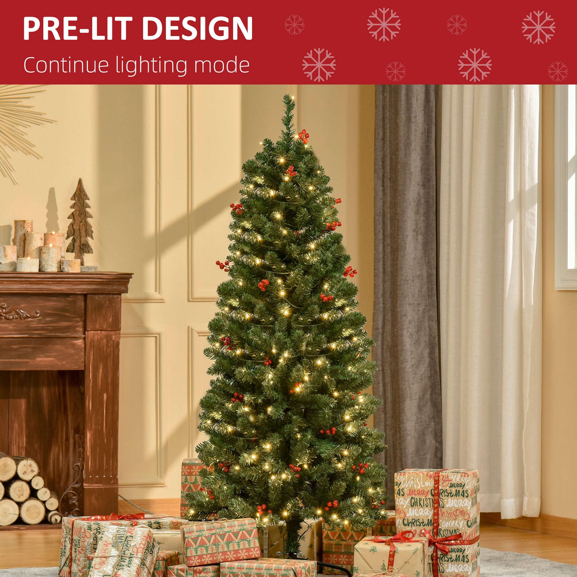 HOMCOM 5FT Prelit Artificial Pencil Christmas Tree with Warm White LED Light, Red Berry, Holiday Home Xmas Decoration, Green 