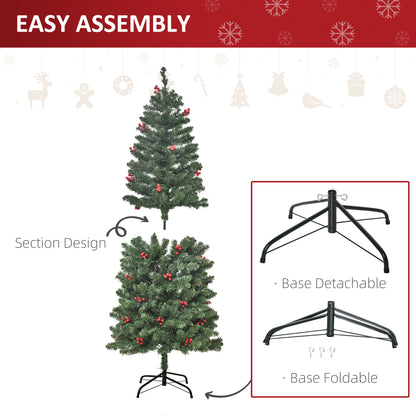 HOMCOM 5FT Prelit Artificial Pencil Christmas Tree with Warm White LED Light, Red Berry, Holiday Home Xmas Decoration, Green 