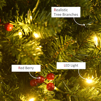 HOMCOM 5FT Prelit Artificial Pencil Christmas Tree with Warm White LED Light, Red Berry, Holiday Home Xmas Decoration, Green 