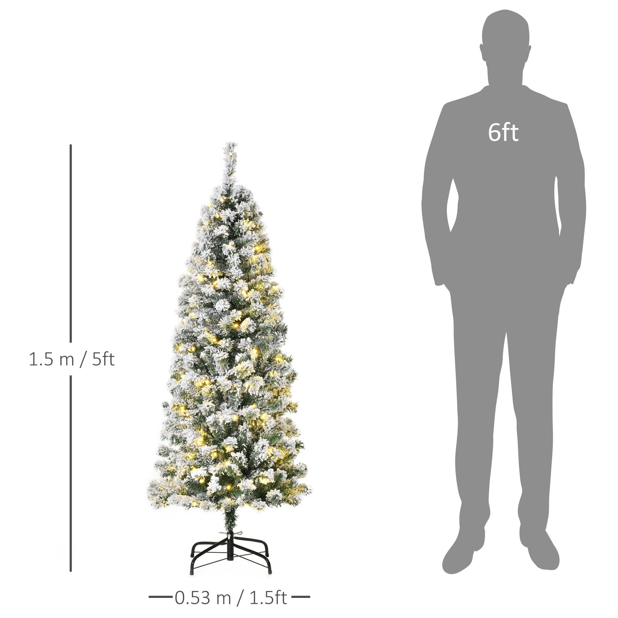 HOMCOM 5FT Prelit Artificial Snow Flocked Christmas Tree with Warm White LED Light, Holiday Home Xmas Decoration, Green White 