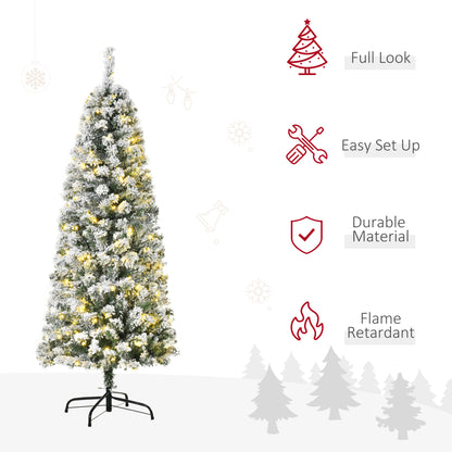 HOMCOM 5FT Prelit Artificial Snow Flocked Christmas Tree with Warm White LED Light, Holiday Home Xmas Decoration, Green White 