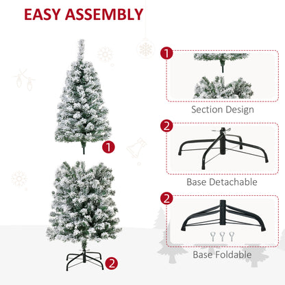 HOMCOM 5FT Prelit Artificial Snow Flocked Christmas Tree with Warm White LED Light, Holiday Home Xmas Decoration, Green White 