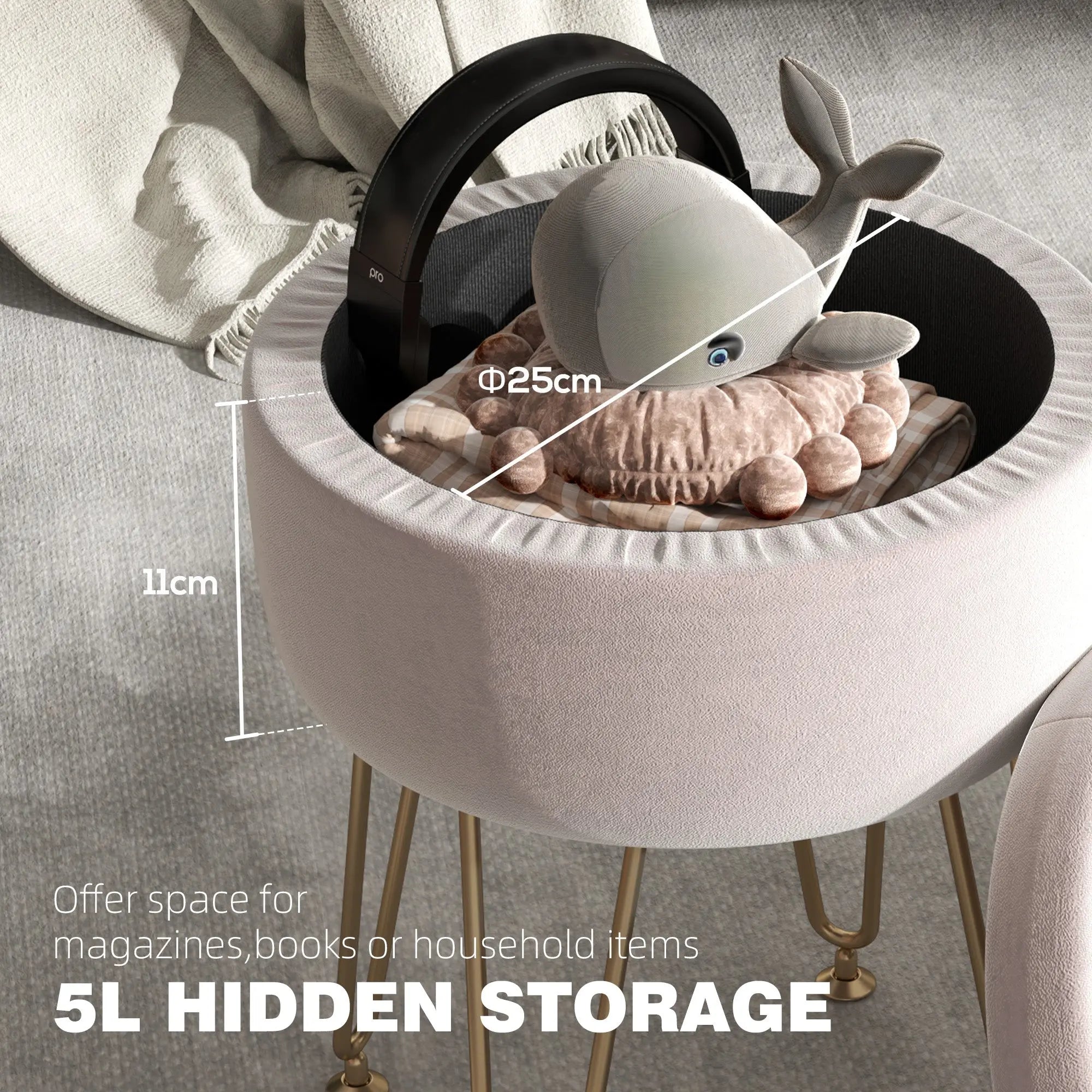 HOMCOM 5L Velvet-Feel Storage Ottoman - Light Pink 