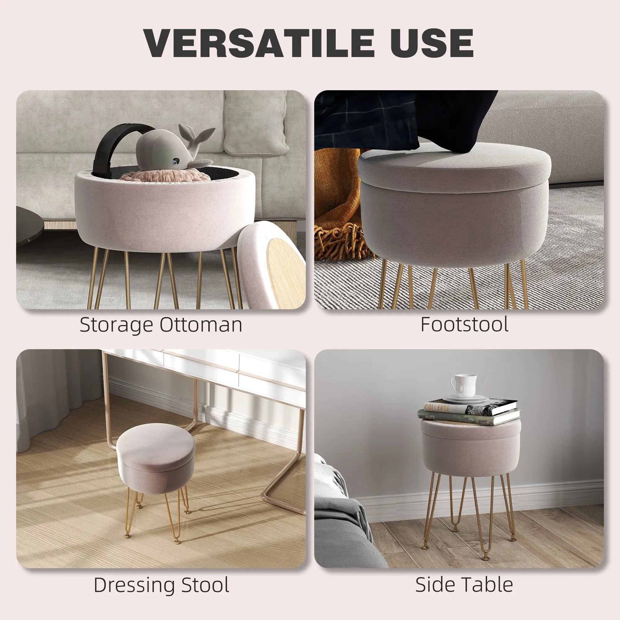 HOMCOM 5L Velvet-Feel Storage Ottoman - Light Pink 