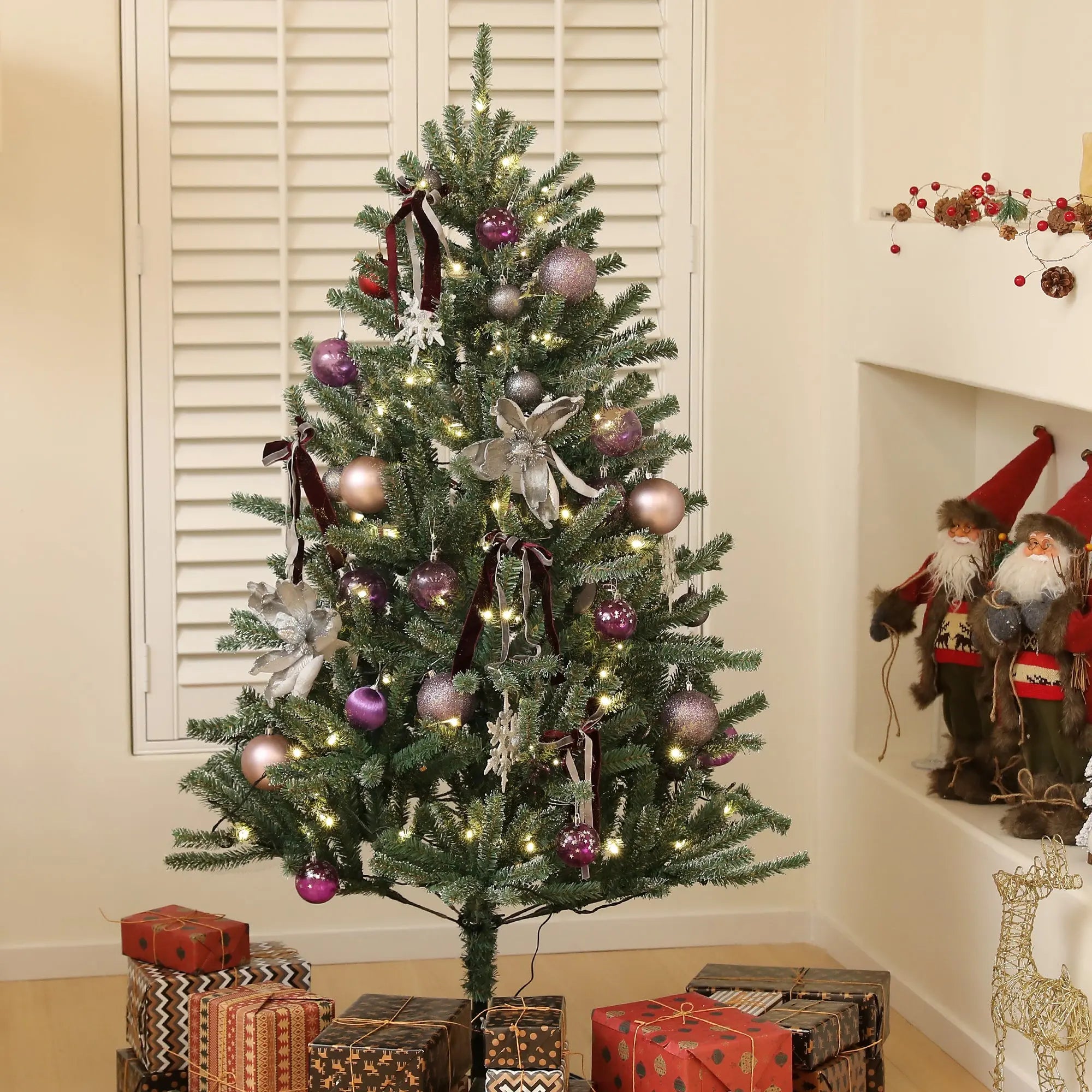 HOMCOM 5ft Artificial Christmas Tree, with Purple Decorations and Lights 