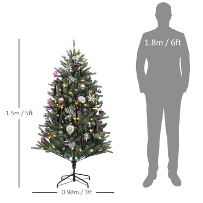 HOMCOM 5ft Artificial Christmas Tree, with Purple Decorations and Lights 