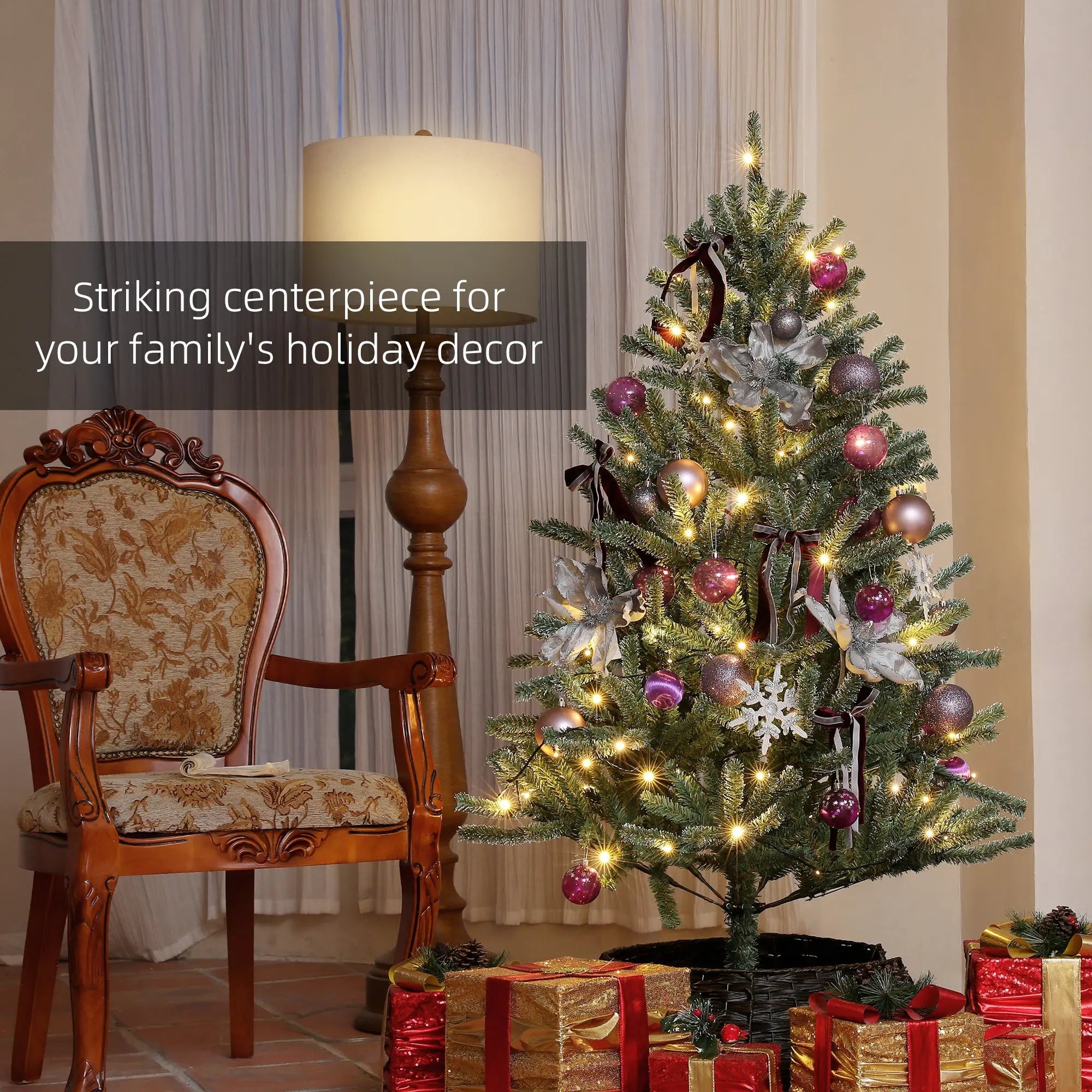 HOMCOM 5ft Artificial Christmas Tree, with Purple Decorations and Lights 