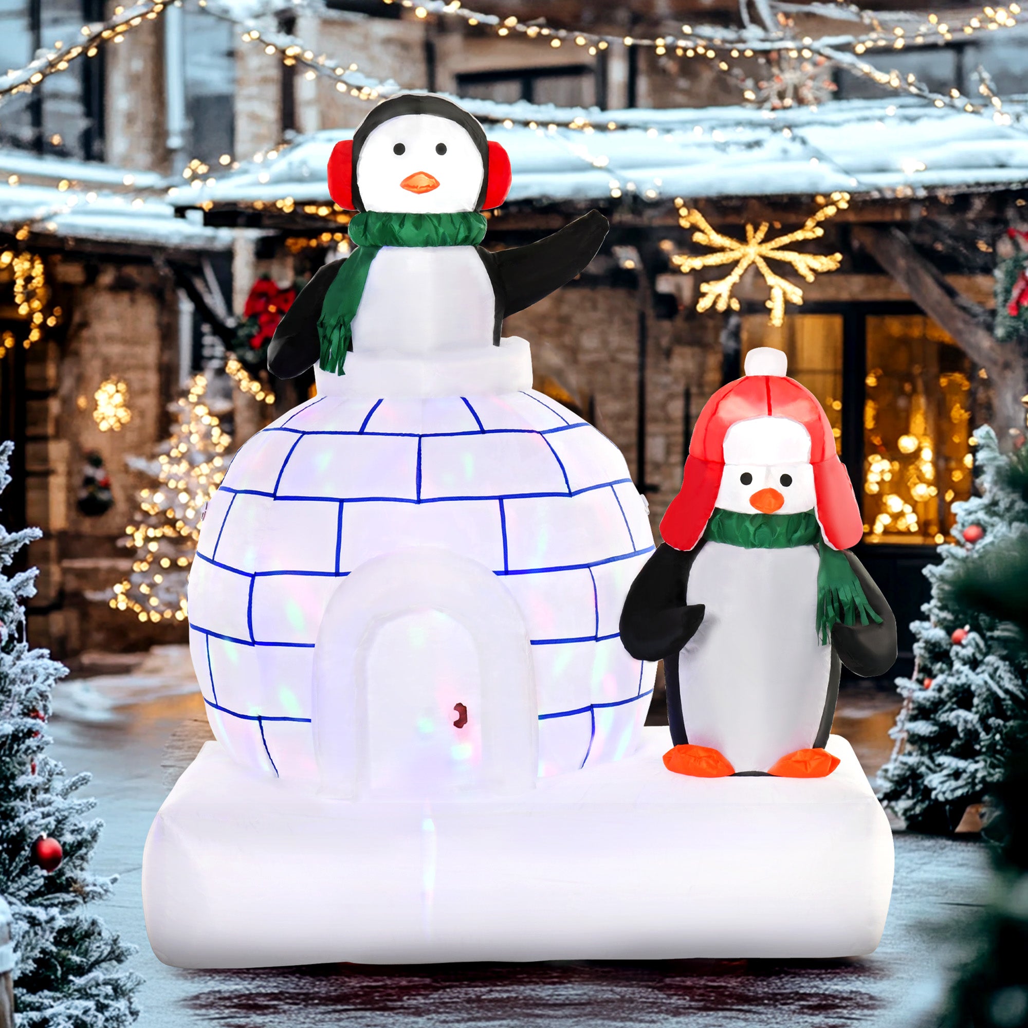 HOMCOM 5ft Christmas Inflatable Two Penguins Wearing a Scarf with Ice House Blow Up Decor Home Indoors with Built-in LED Lights Outdoor Toys in Lawn Garden 