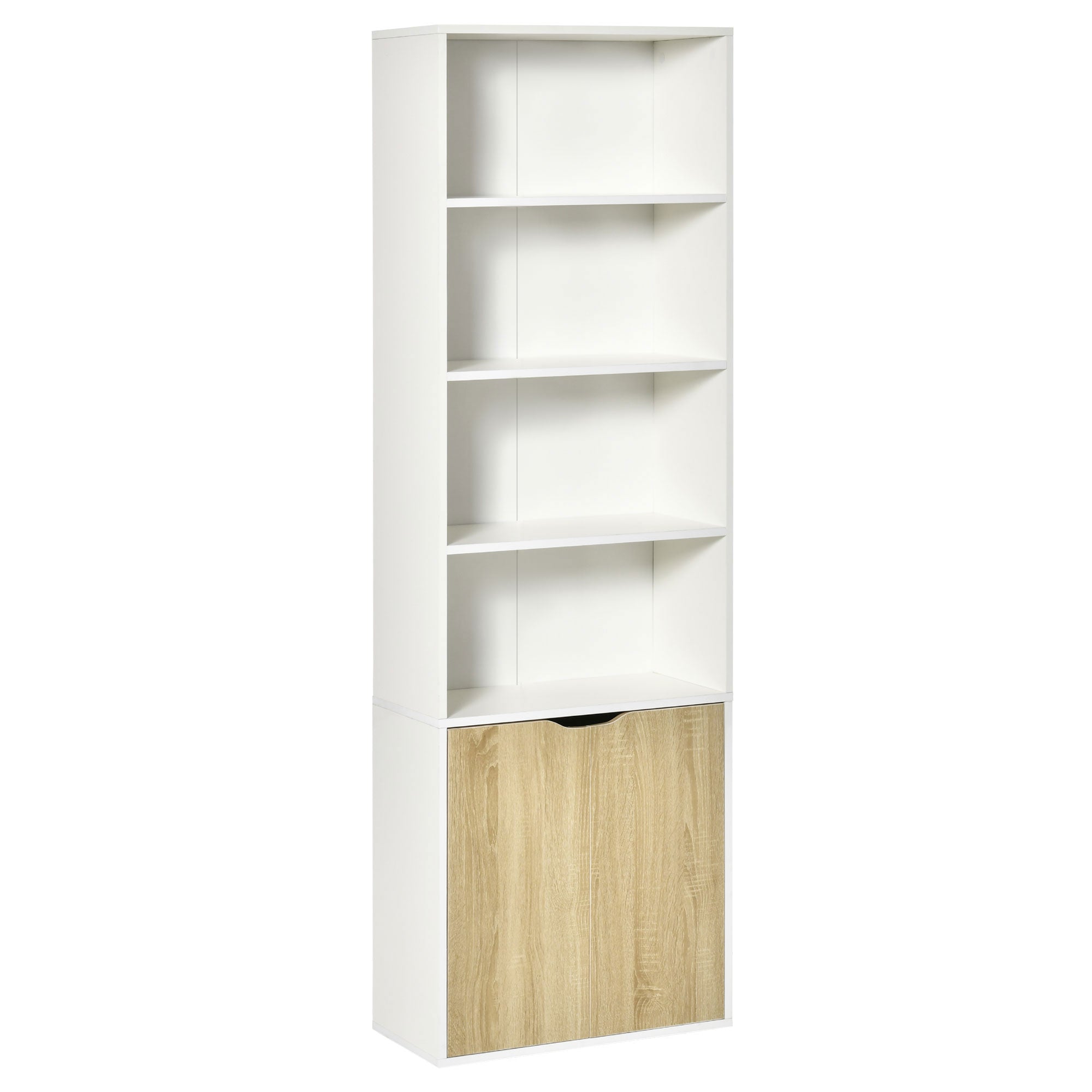 HOMCOM 6-Tier Tall Bookcase, Bookshelf with 4 Open Shelves and Double Door Storage Cabinet, Freestanding Display Rack for Living Room, Bedroom, Home Office, Study, 59 x 29 x 180cm, White and Oak 