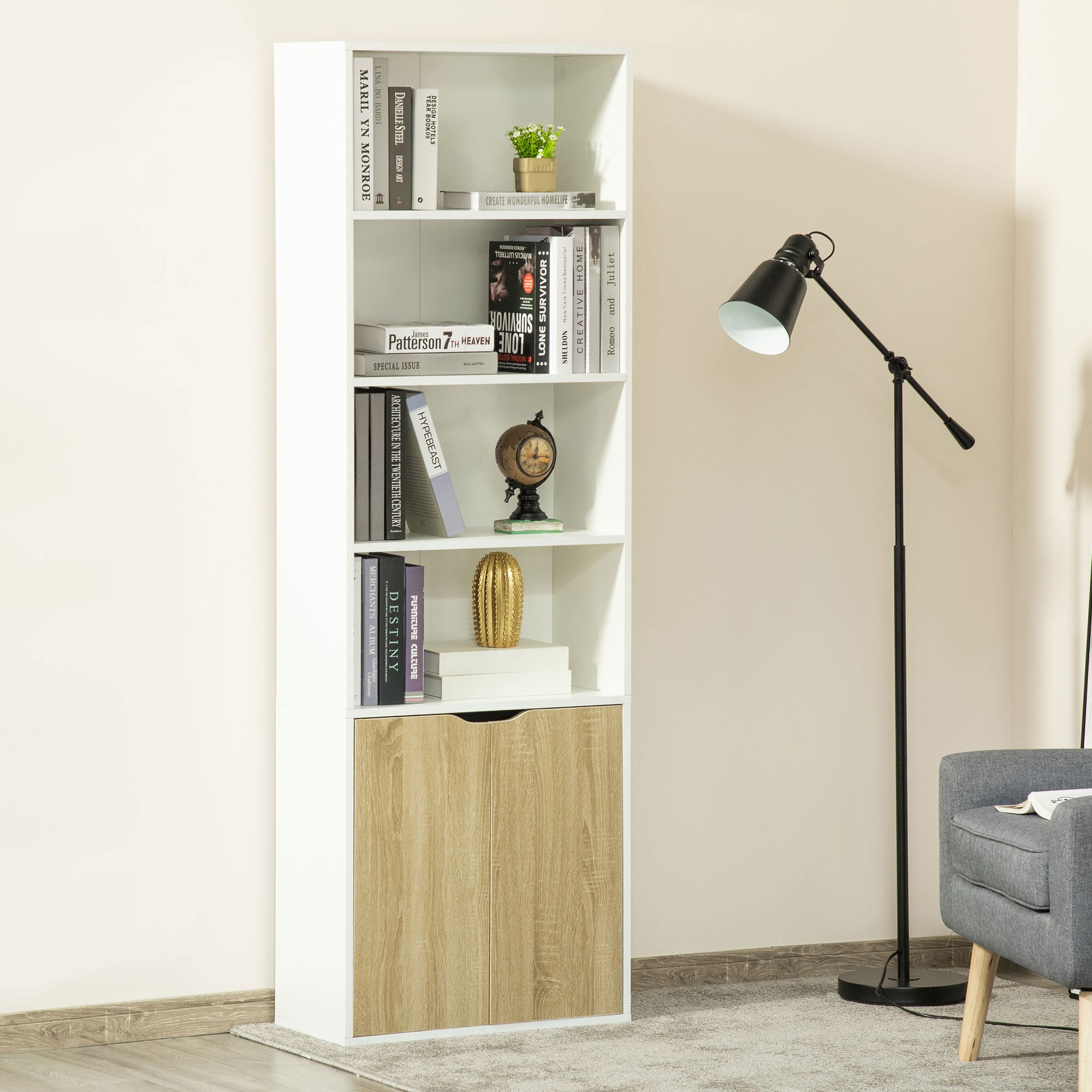 HOMCOM 6-Tier Tall Bookcase, Bookshelf with 4 Open Shelves and Double Door Storage Cabinet, Freestanding Display Rack for Living Room, Bedroom, Home Office, Study, 59 x 29 x 180cm, White and Oak 